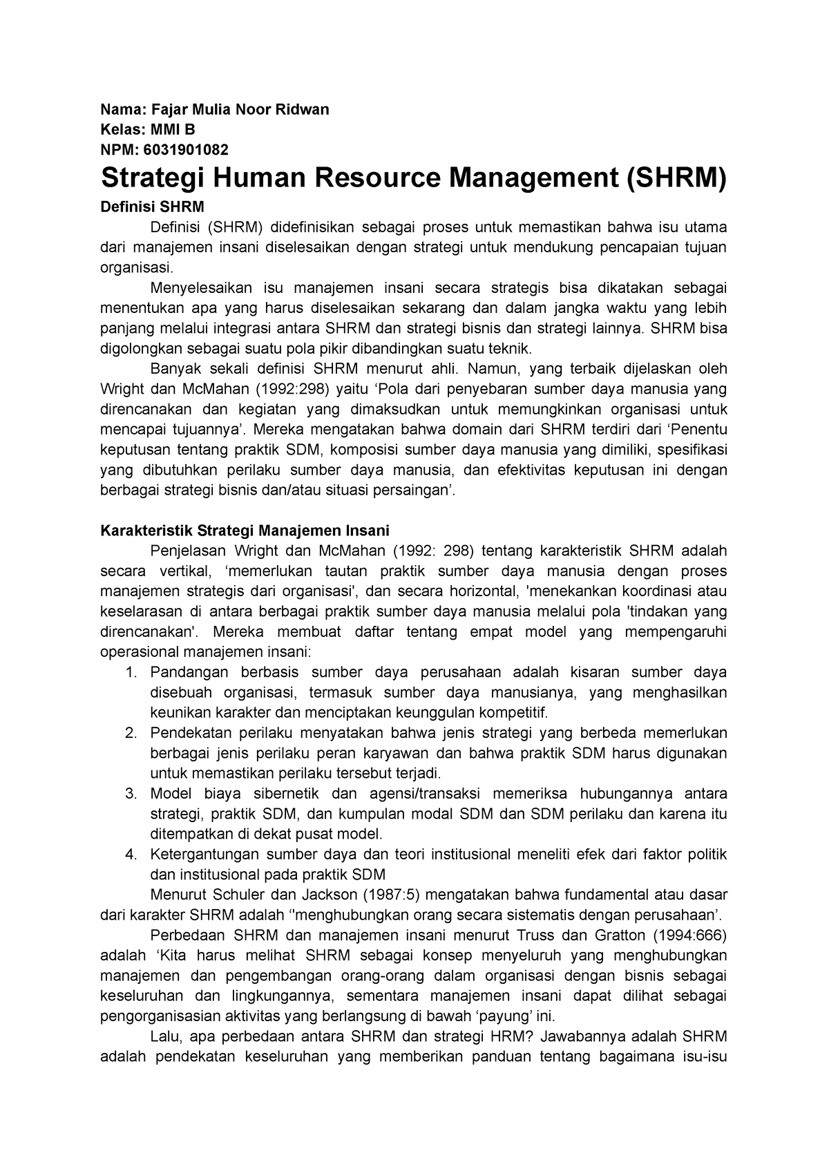 Strategic Human Resource Management (SHRM) - Nama: Fajar Mulia Noor ...