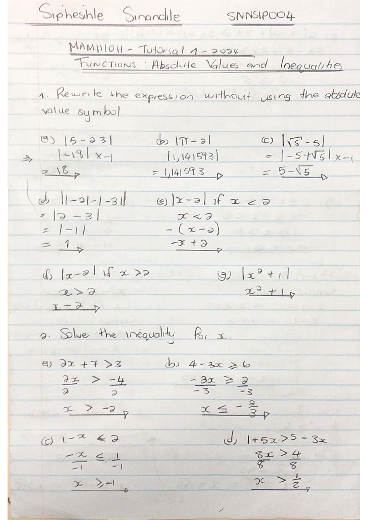 MAM1110H ‐ Tutorial - 1 - these are solved practice math questions ...