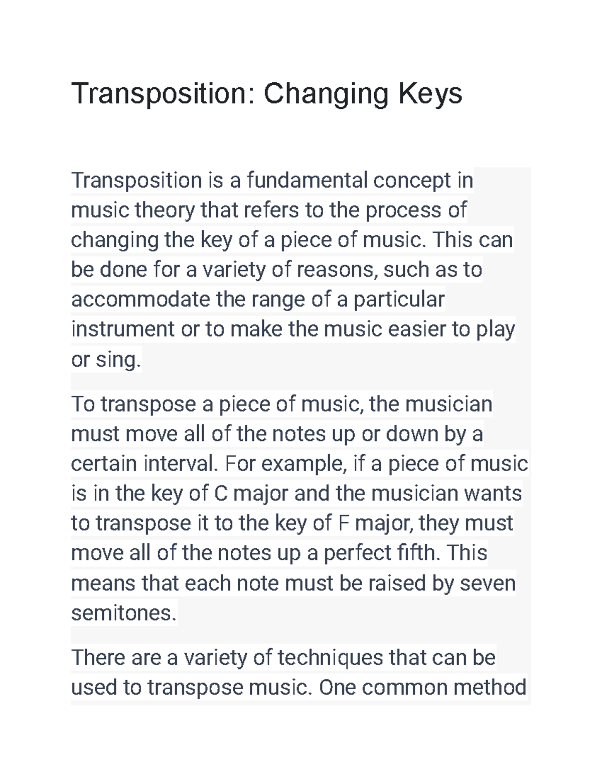 Transposition Changing Keys - Transposition: Changing Keys ...