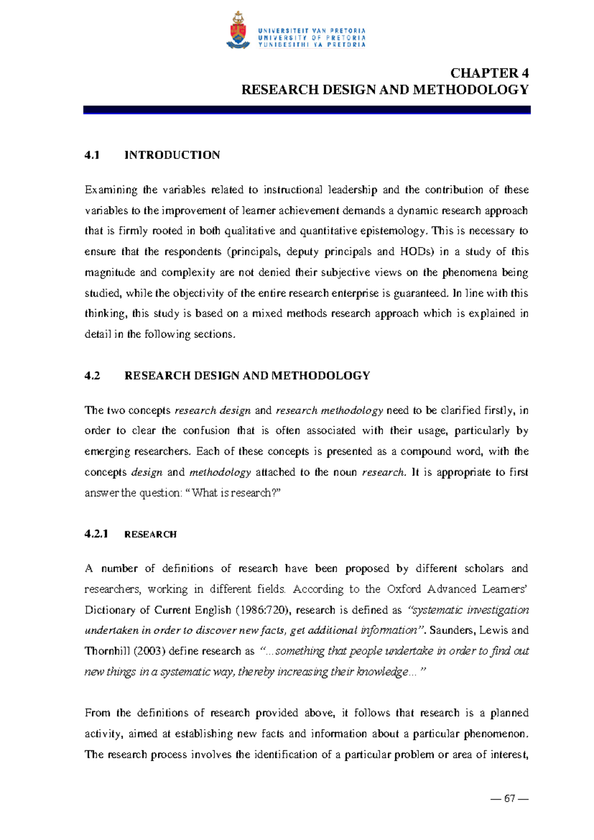 Mosimane go kindl - Hys k - CHAPTER 4 RESEARCH DESIGN AND METHODOLOGY 4 ...