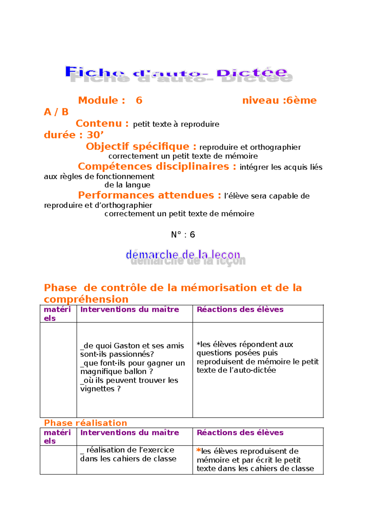 Auto dictée-M6 - merci - Module : 6 niveau :6ème A / B Contenu : petit ...