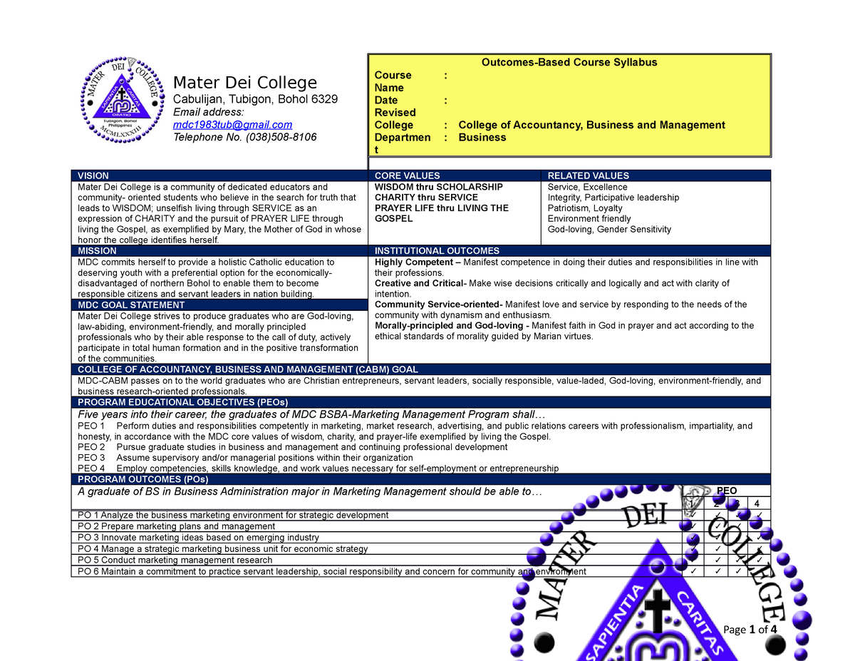 Syllabus Format BSBA MM 2022 - Mater Dei College Cabulijan, Tubigon ...