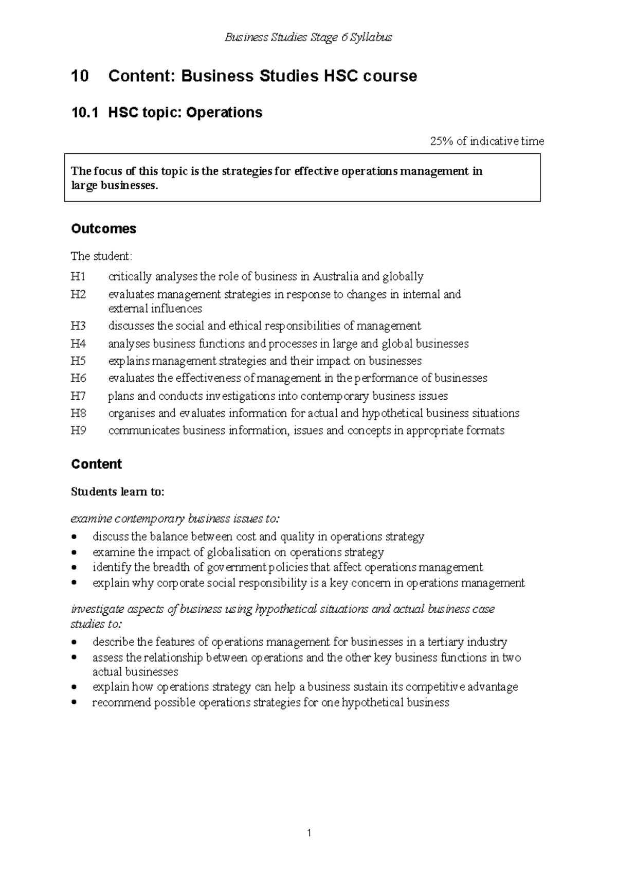 HSC Syllabus - 10 Content: Business Studies HSC course 10 HSC topic ...
