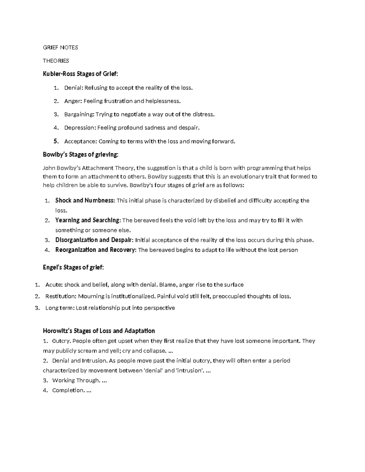 Grief Notes - descripto is for nursing school - GRIEF NOTES THEORIES ...