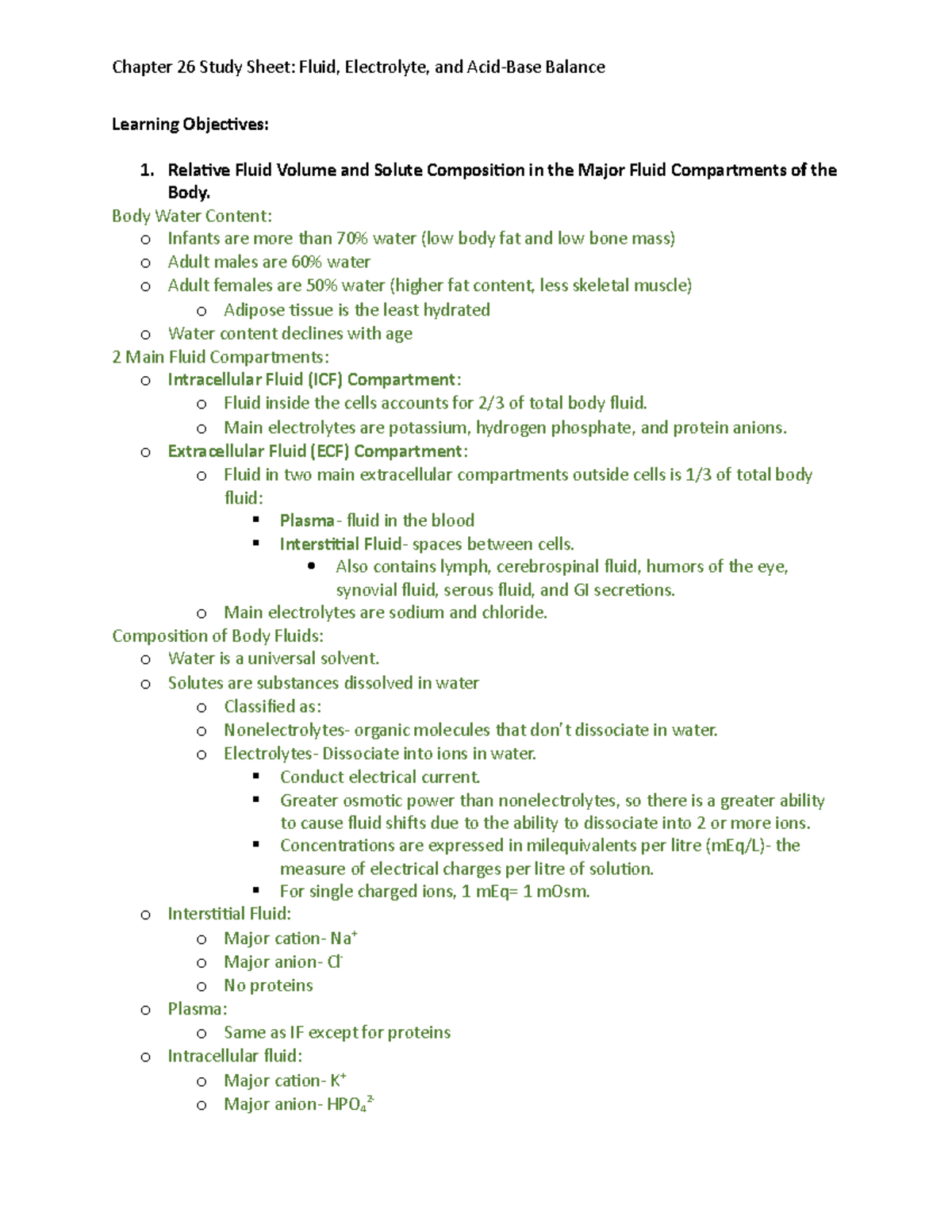 Ch 26 Study Sheet - chapter objectives - Chapter 26 Study Sheet: Fluid ...
