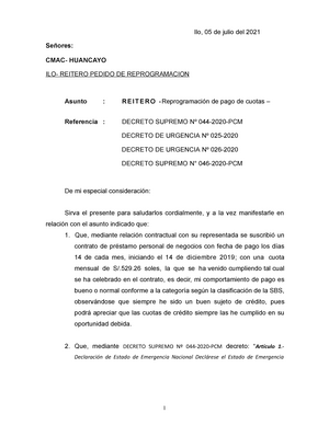 Modelo solicitud reprogramacion deudas - 1 Ilo, 05 de julio del 2021  Señores: CMAC- HUANCAYO ILO- - Studocu