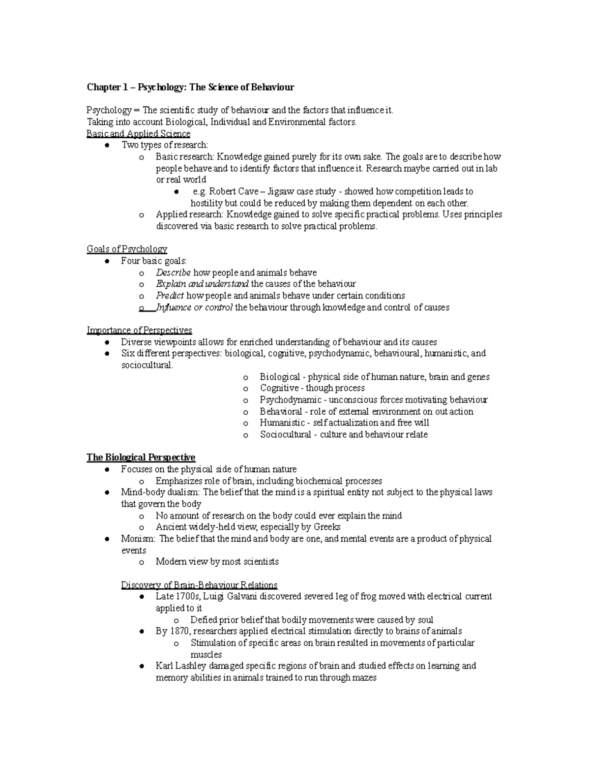 Psych 1000 - notes - Chapter 1 – Psychology: The Science of Behaviour ...
