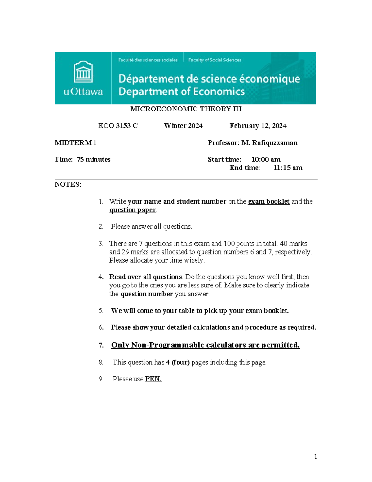 ECO3153 C Winter 2024 Midterm I Exam - MICROECONOMIC THEORY III ECO ...