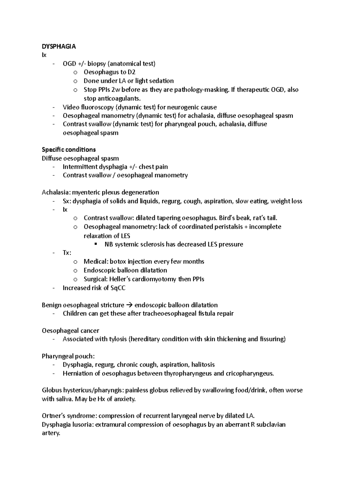 Finals notes on dysphagia - DYSPHAGIA Ix - OGD +/- biopsy (anatomical ...