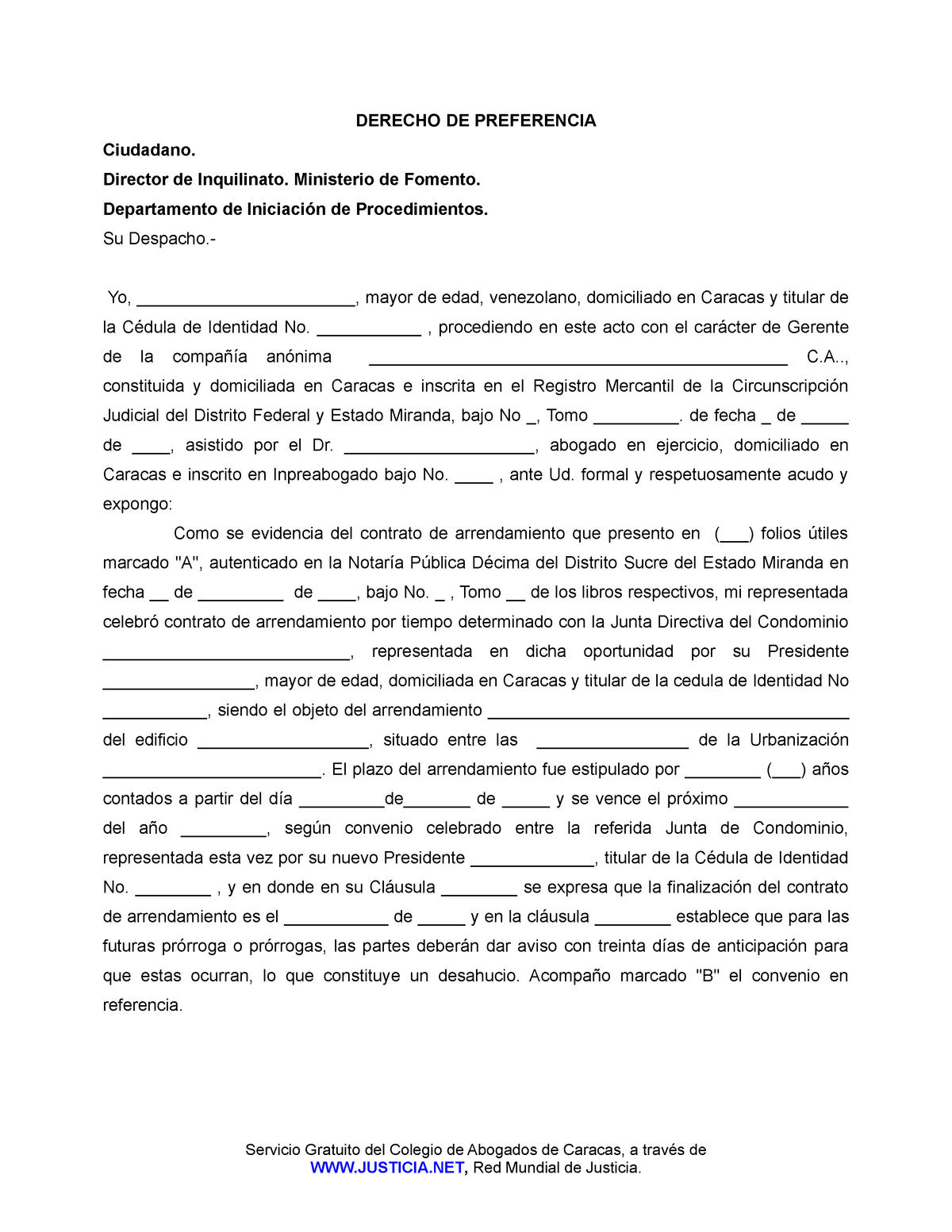 Derecho DE Preferencia - DERECHO DE PREFERENCIA Ciudadano. Director de  Inquilinato. Ministerio de - Studocu