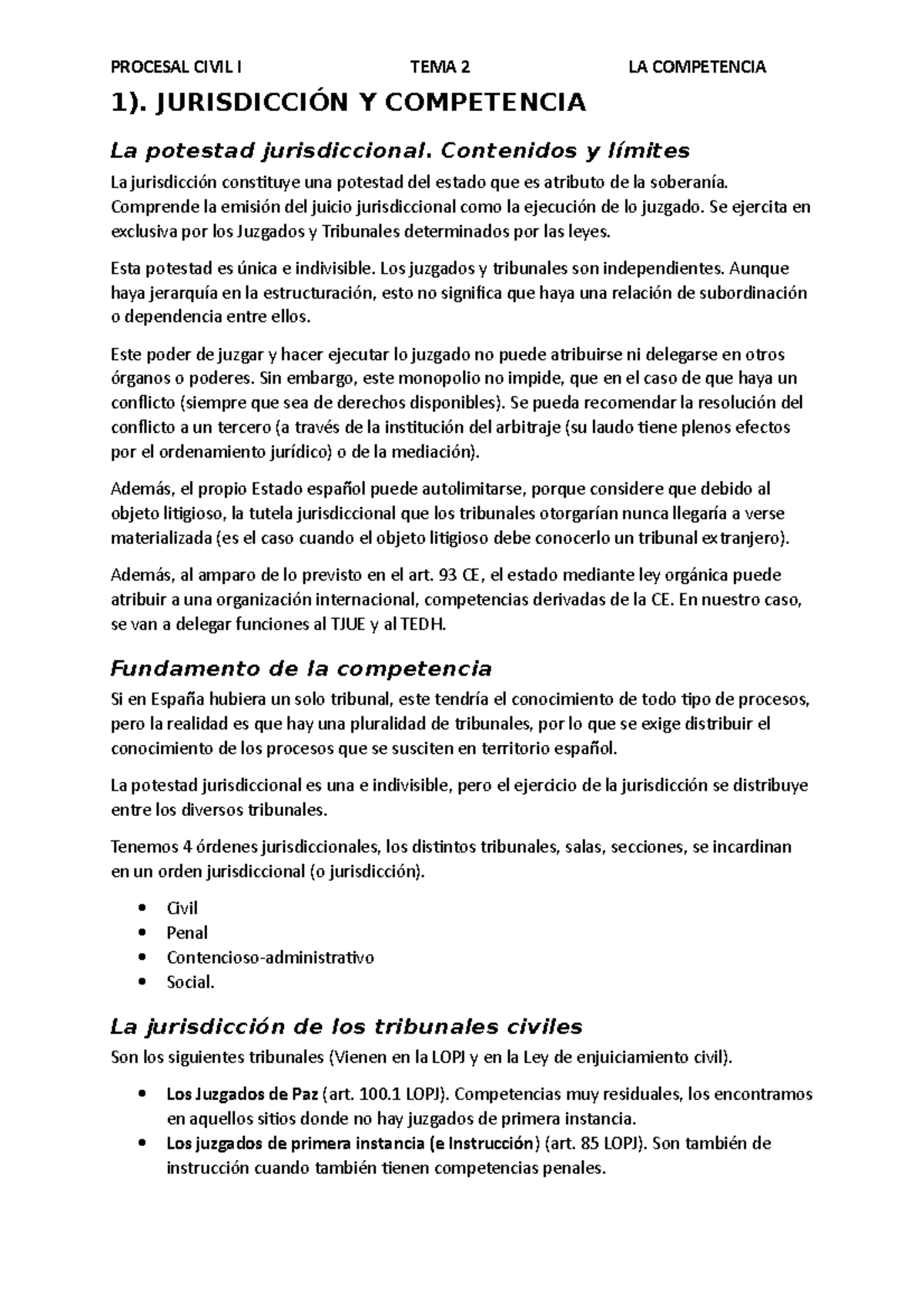 TEMA 2. LA Competencia - Apuntes 2 - 1). JURISDICCIÓN Y COMPETENCIA La ...