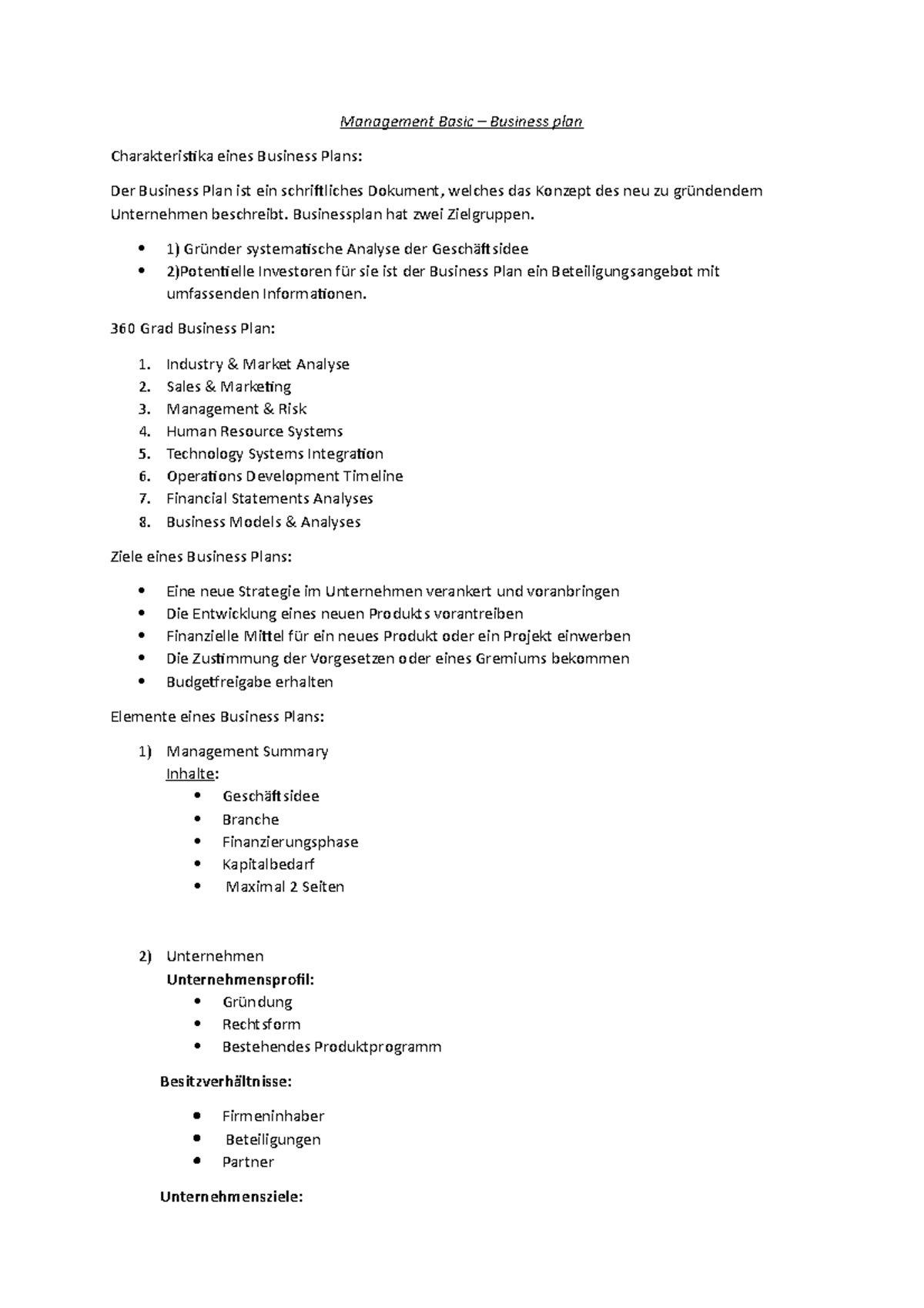 Management Basic - Zusammenfassung - Management Basic – Business Plan ...