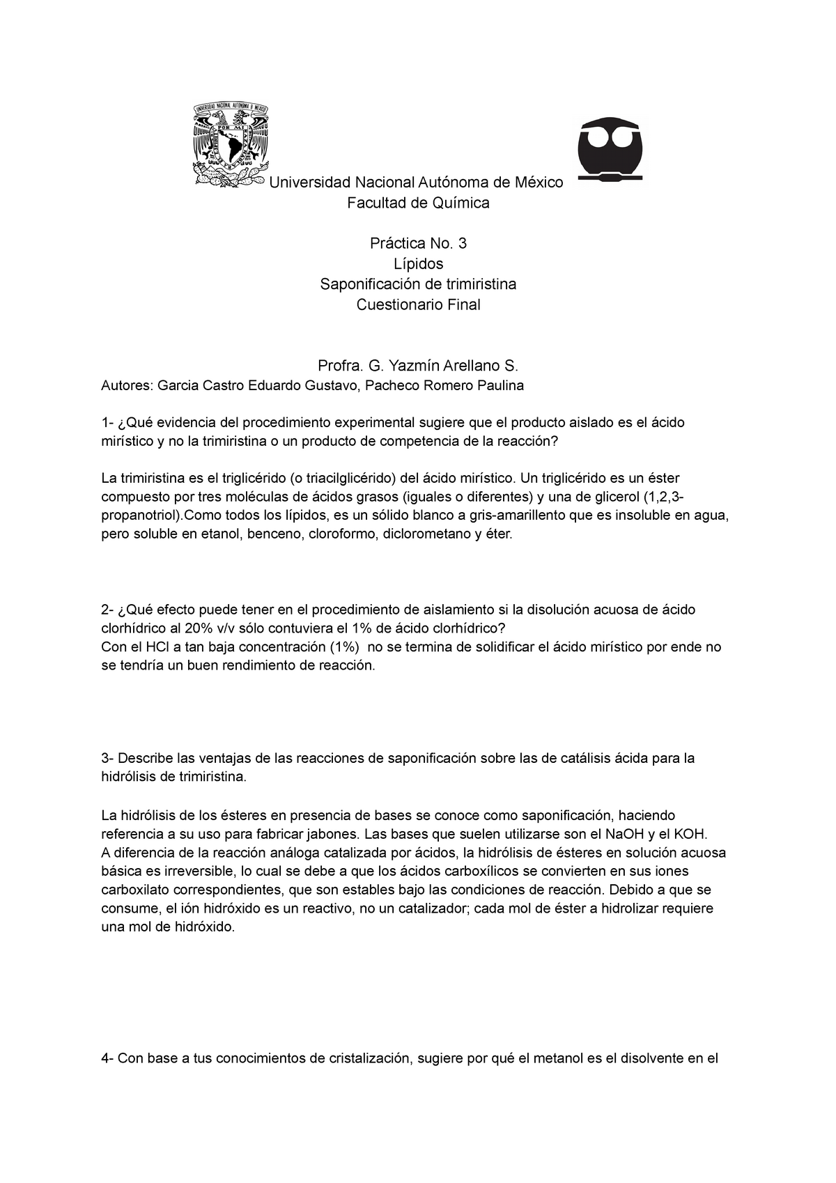 Práctica 3 Cuestionario Final Universidad Nacional Autónoma De México Facultad De Química 4633