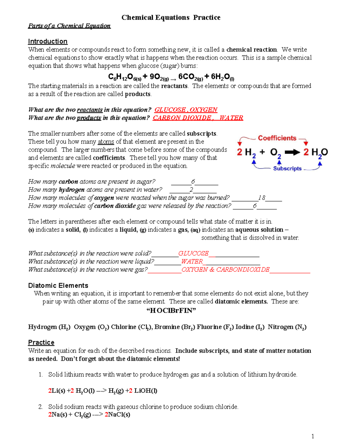 Key - chemical equation practice 2 - Chemical Equations Practice Parts ...