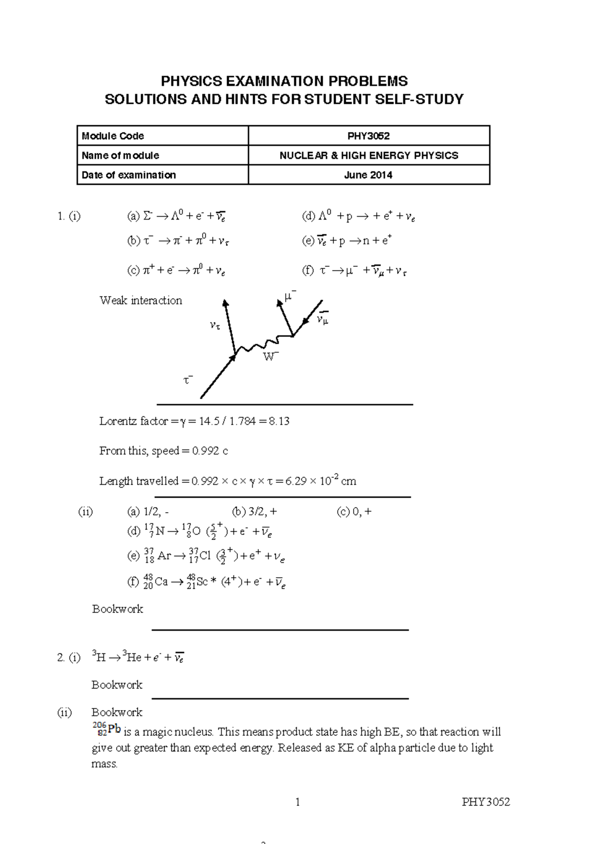 Exam 2014, answers - 1 PHY PHYSICS EXAMINATION PROBLEMS SOLUTIONS AND ...