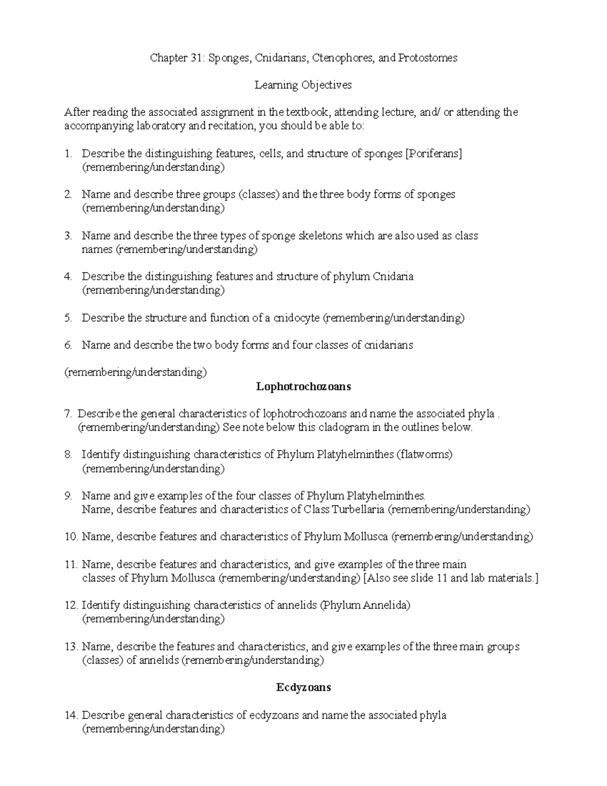 Chap 31 SM 19 Sponges, Cnidarians, Ctenophores, and Protostomes