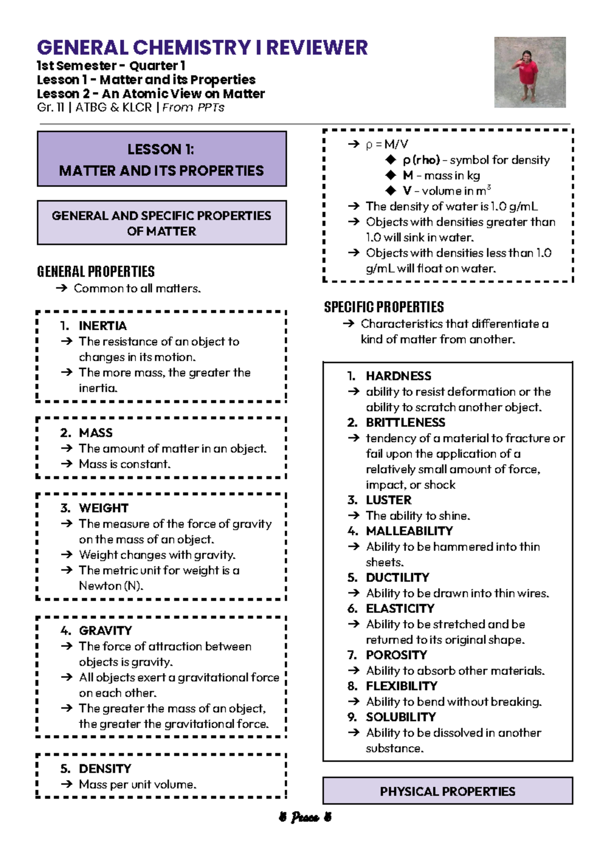 Chemistry 101 notes - 1st Semester - Quarter 1 Lesson 1 - Matter and ...
