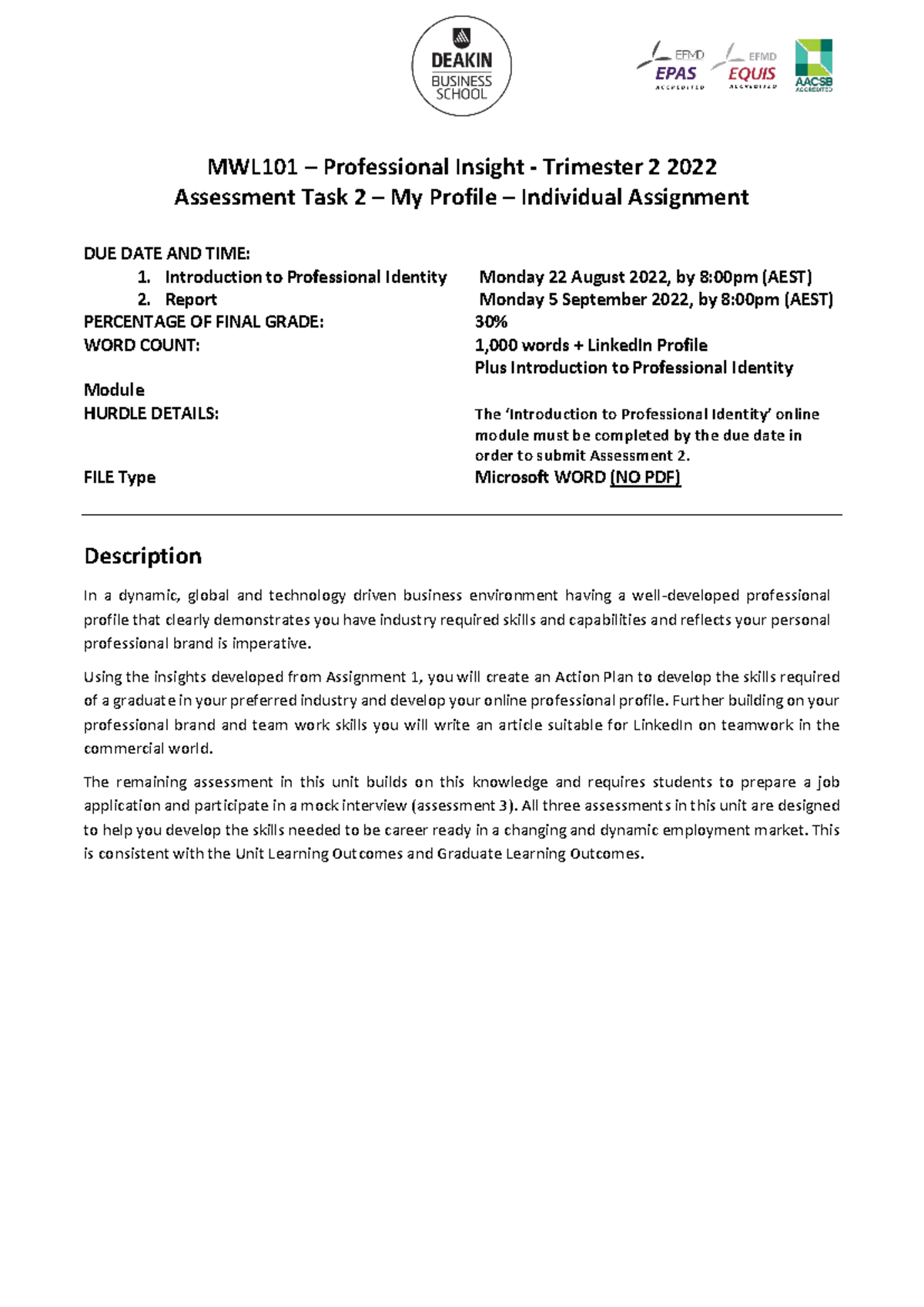 MWL101 Professional Insight Trimester 2 2022 Assessment Task 2 My ...