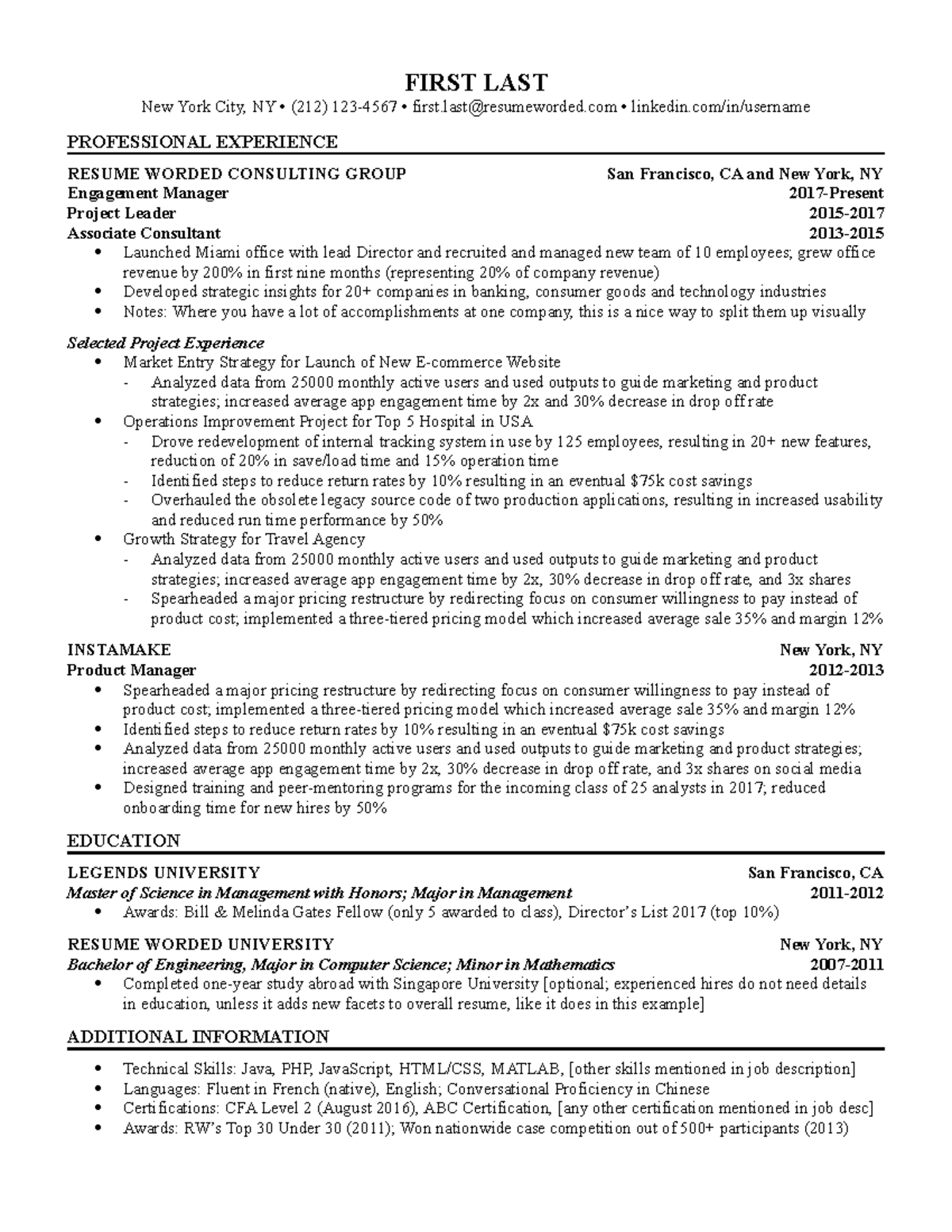 Template CV ATS Friendly 1 - FIRST LAST New York City, NY • (212) 123 ...