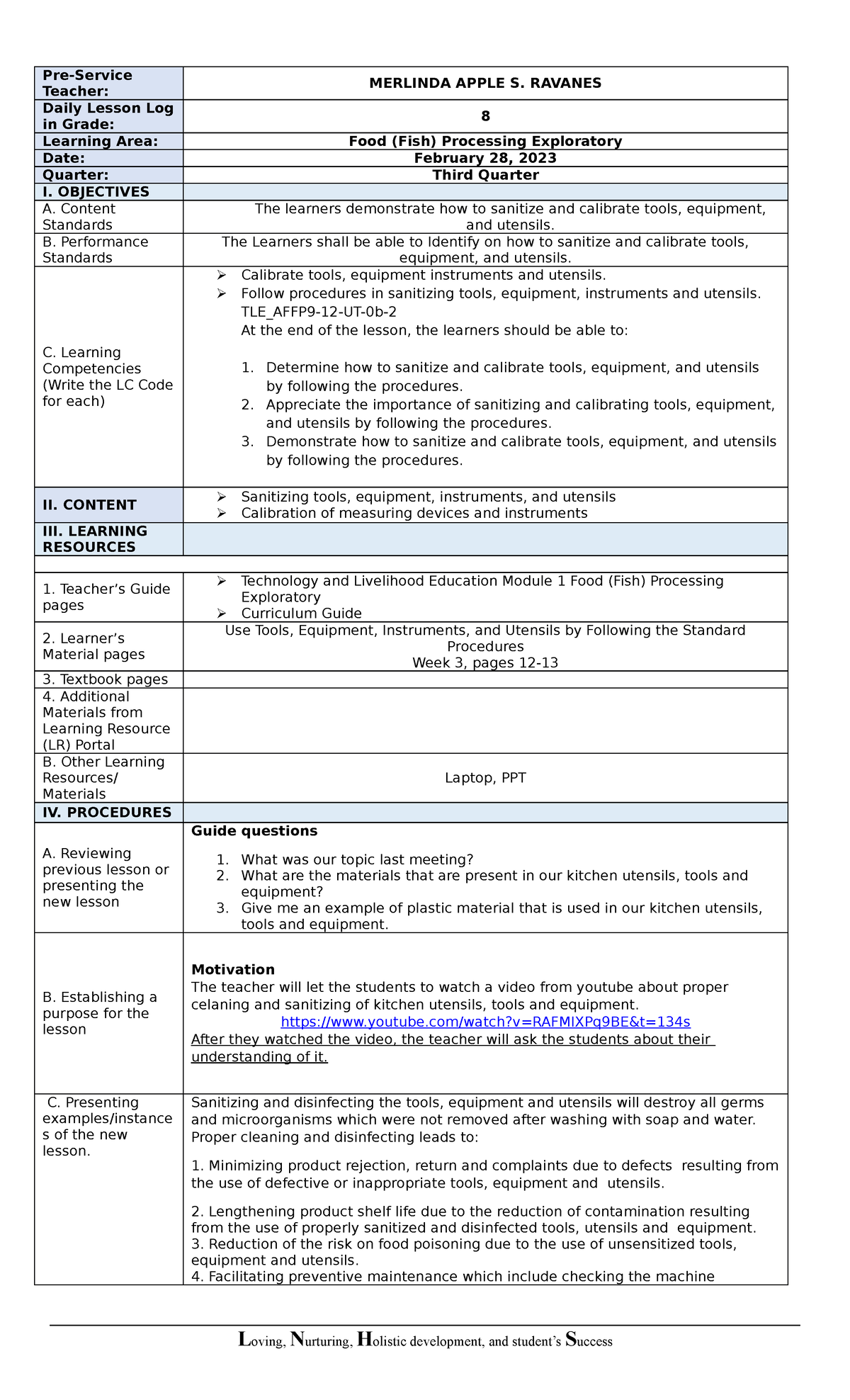 FOOD Processing LP week 3 - Pre-Service Teacher: MERLINDA APPLE S ...