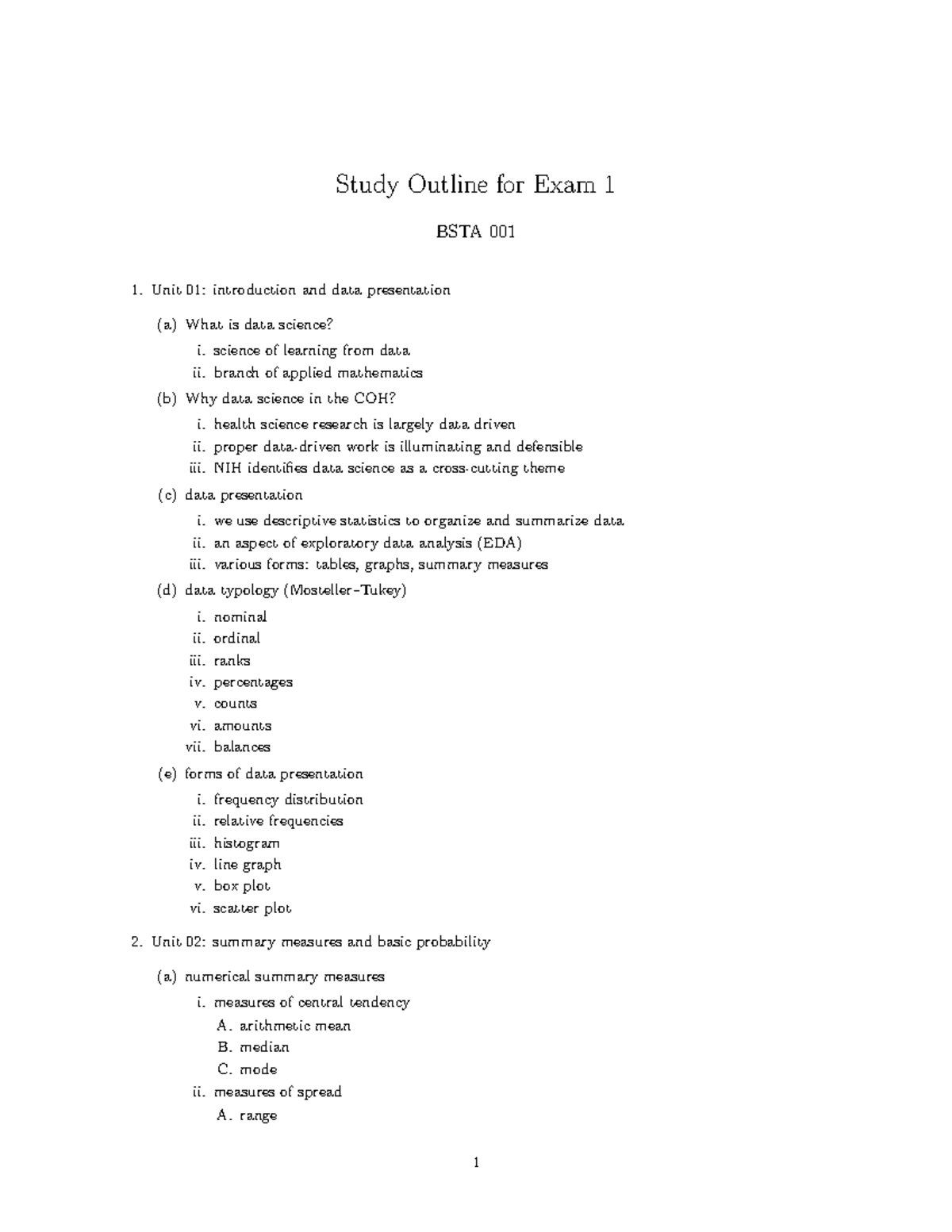 Exam 1 outline - Study Outline for Exam 1 BSTA 001 Unit 01 ...
