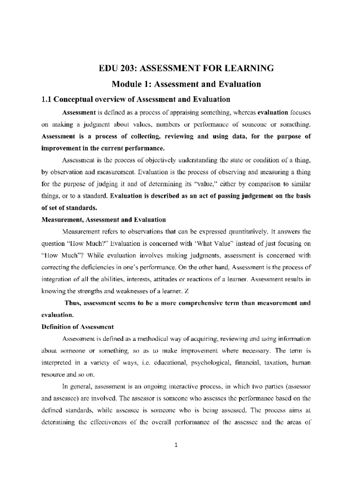 MOD 1 - Assessment for learning - BEd. Natural science - MG University ...