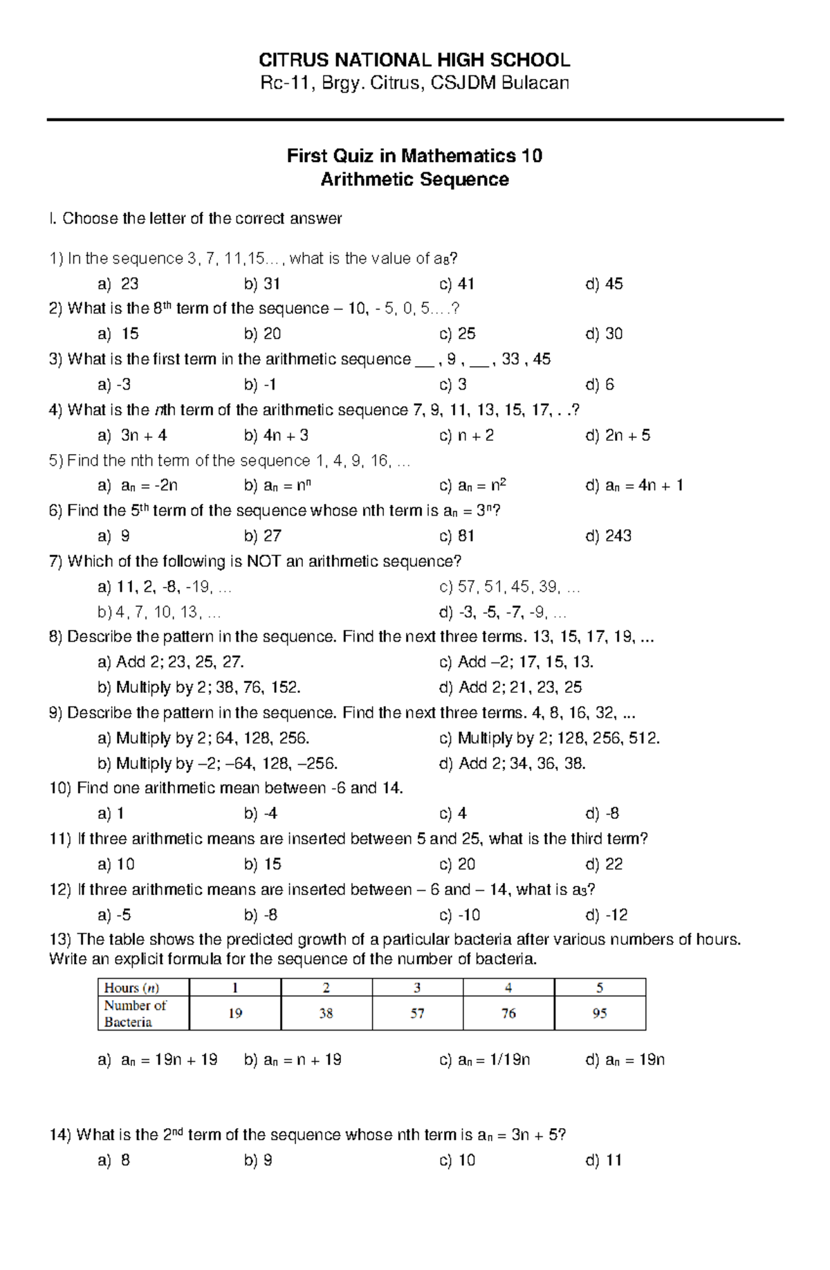 Arithmetic Sequence Original - CITRUS NATIONAL HIGH SCHOOL Rc-11, Brgy ...