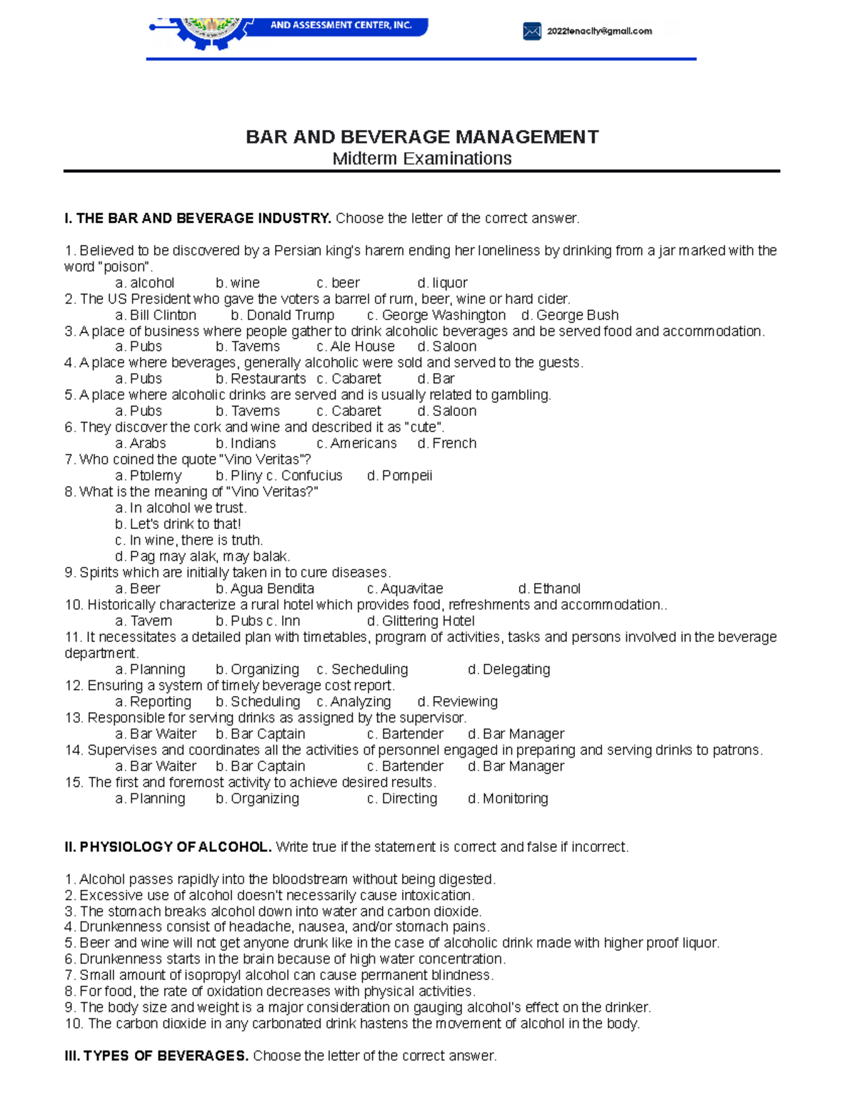 BAR AND BEV - Exam For Hospitality Management Subjects - BAR AND ...