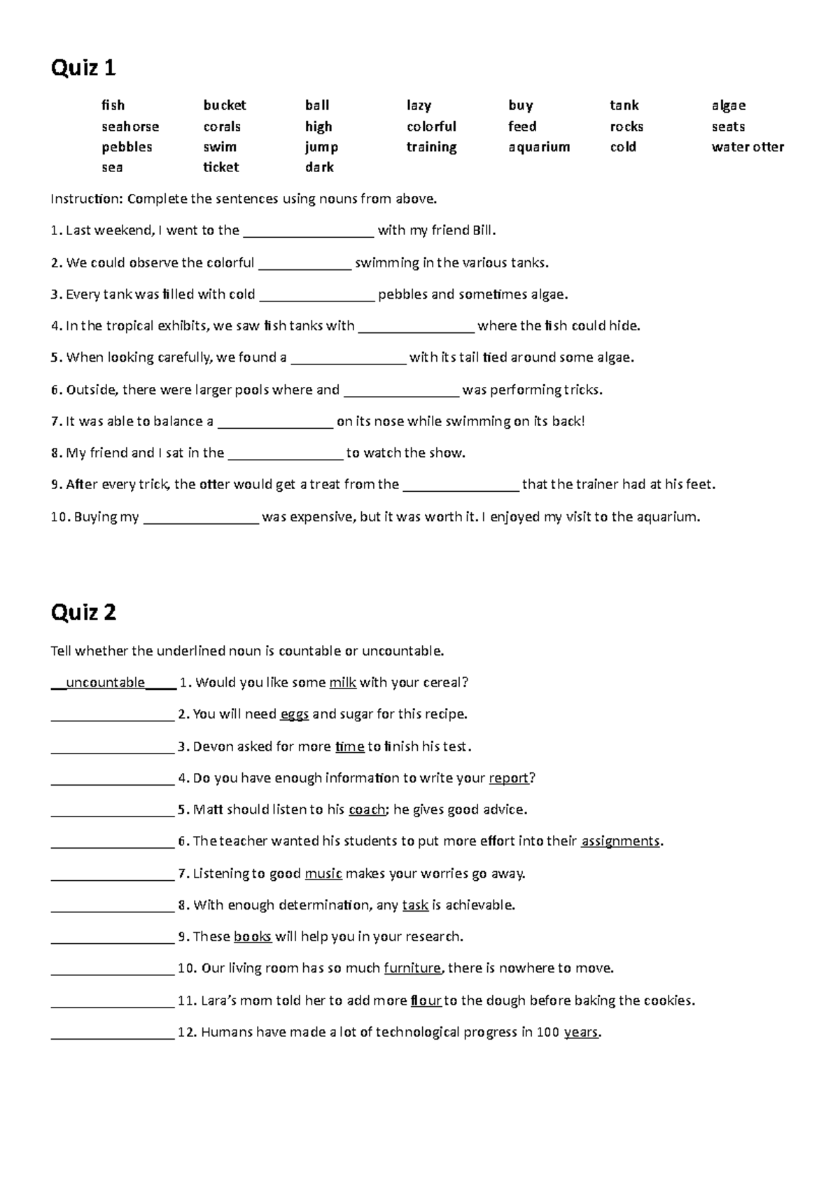 Moving test answer sheets - Quiz 1 fish bucket ball lazy buy tank algae ...