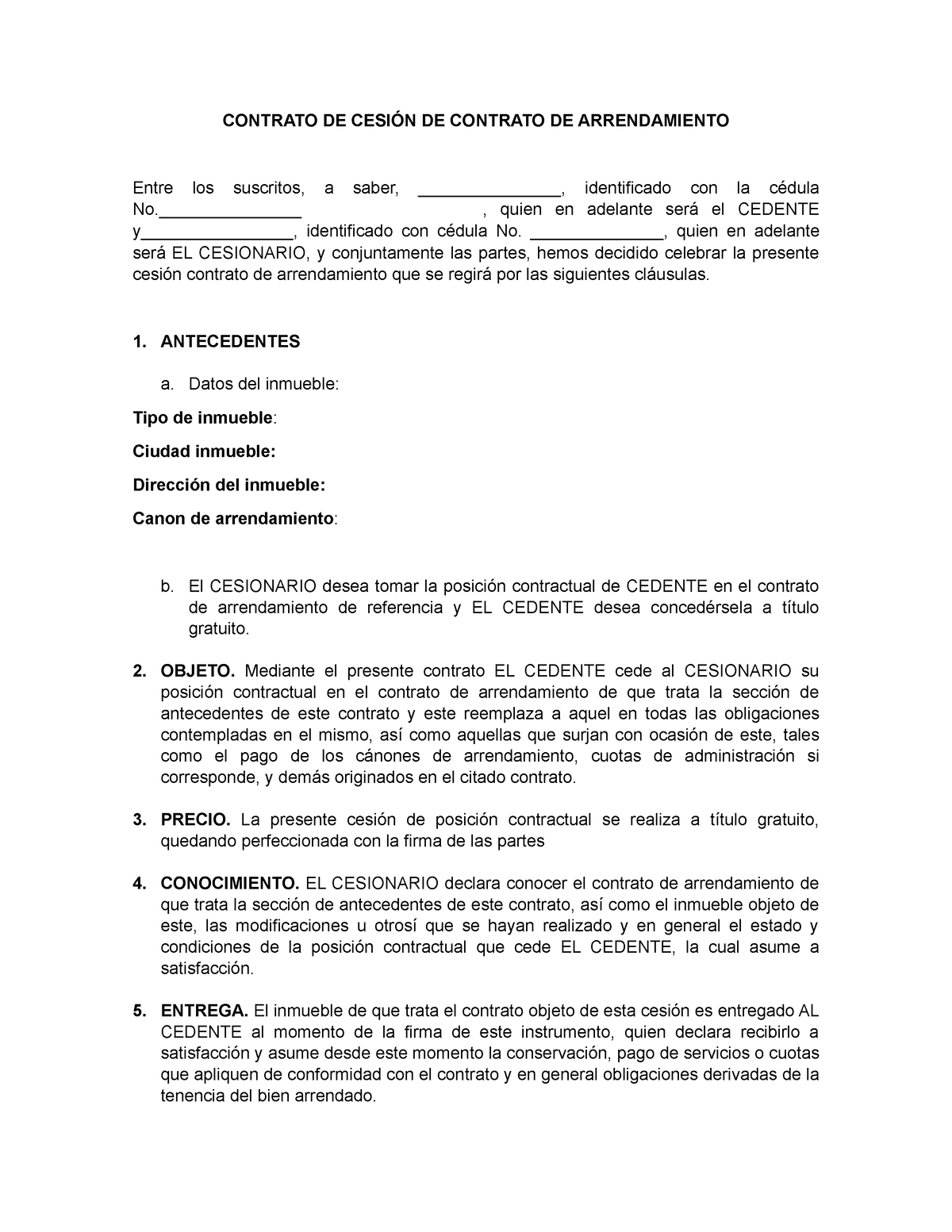 Contrato DE Cesión DE Contrato DE Arrendamiento - modelo - CONTRATO DE  CESIÓN DE CONTRATO DE - Studocu