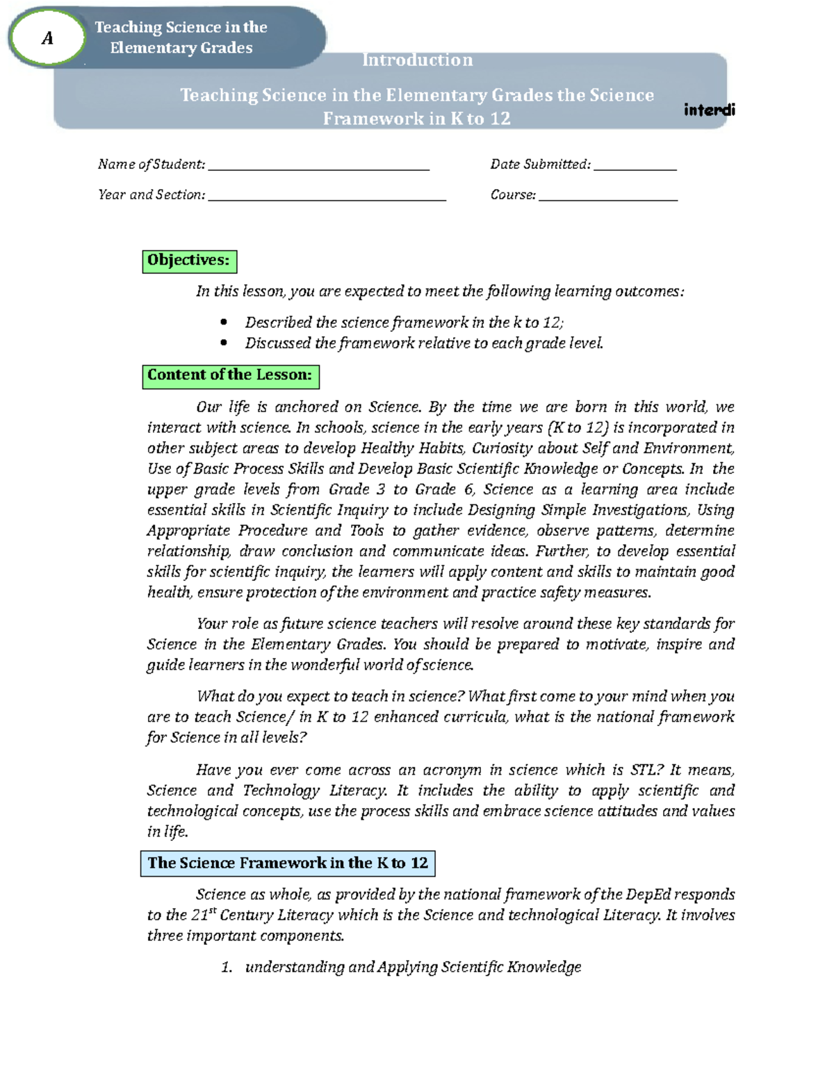 Lesson 1 In Teaching Science In Elementary Grades - Interdi Name Of ...