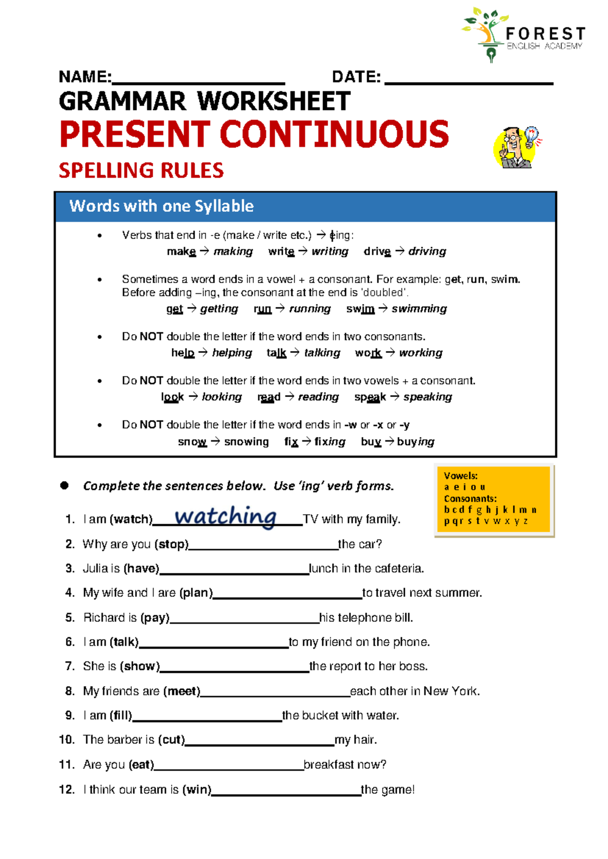 Complete A 2 Unit2 Lesson 9 Present Cont Practice - NAME: DATE: GRAMMAR ...