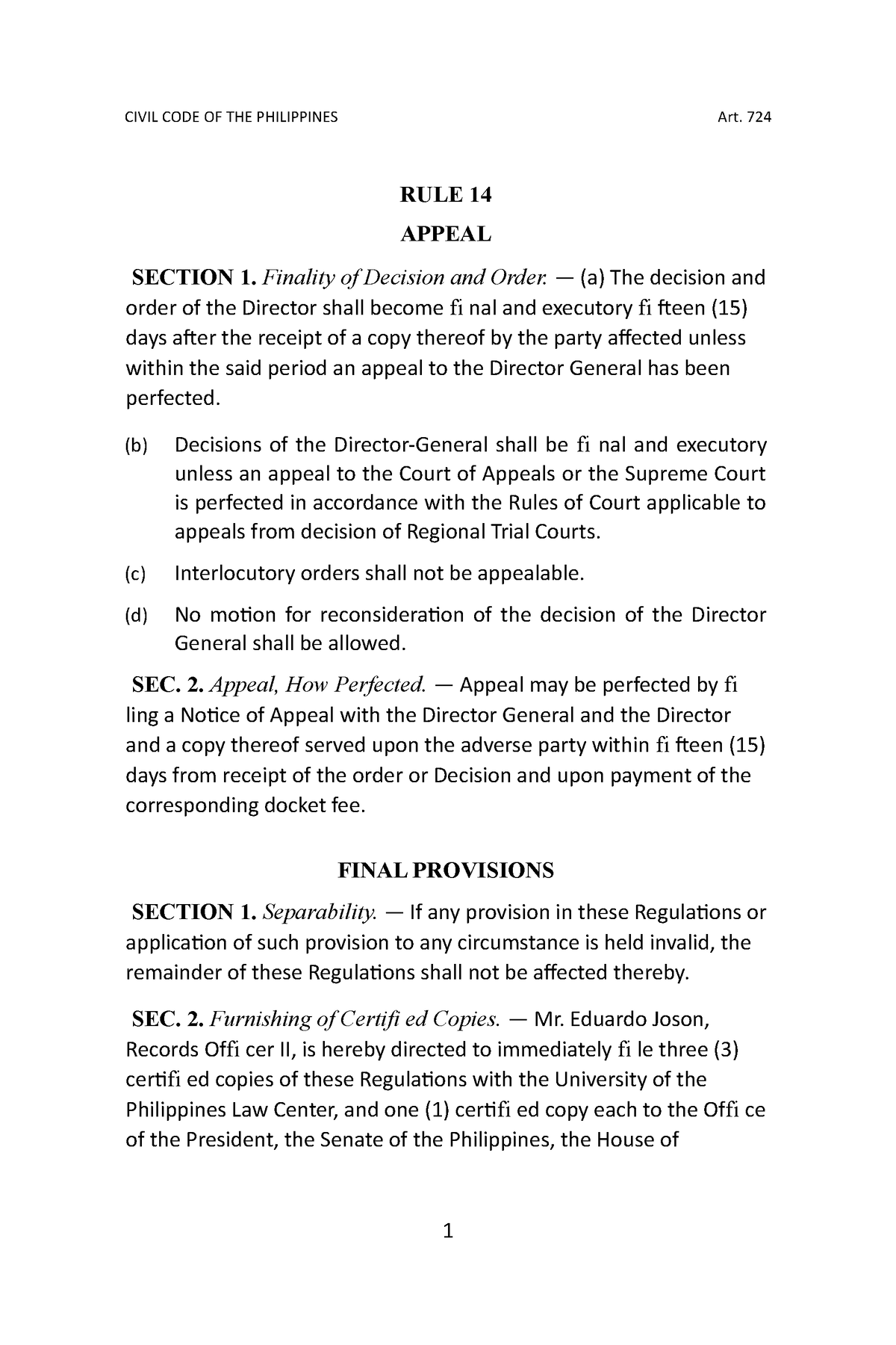 Property Law M211 - RULE 14 APPEAL SECTION 1. Finality Of Decision And ...