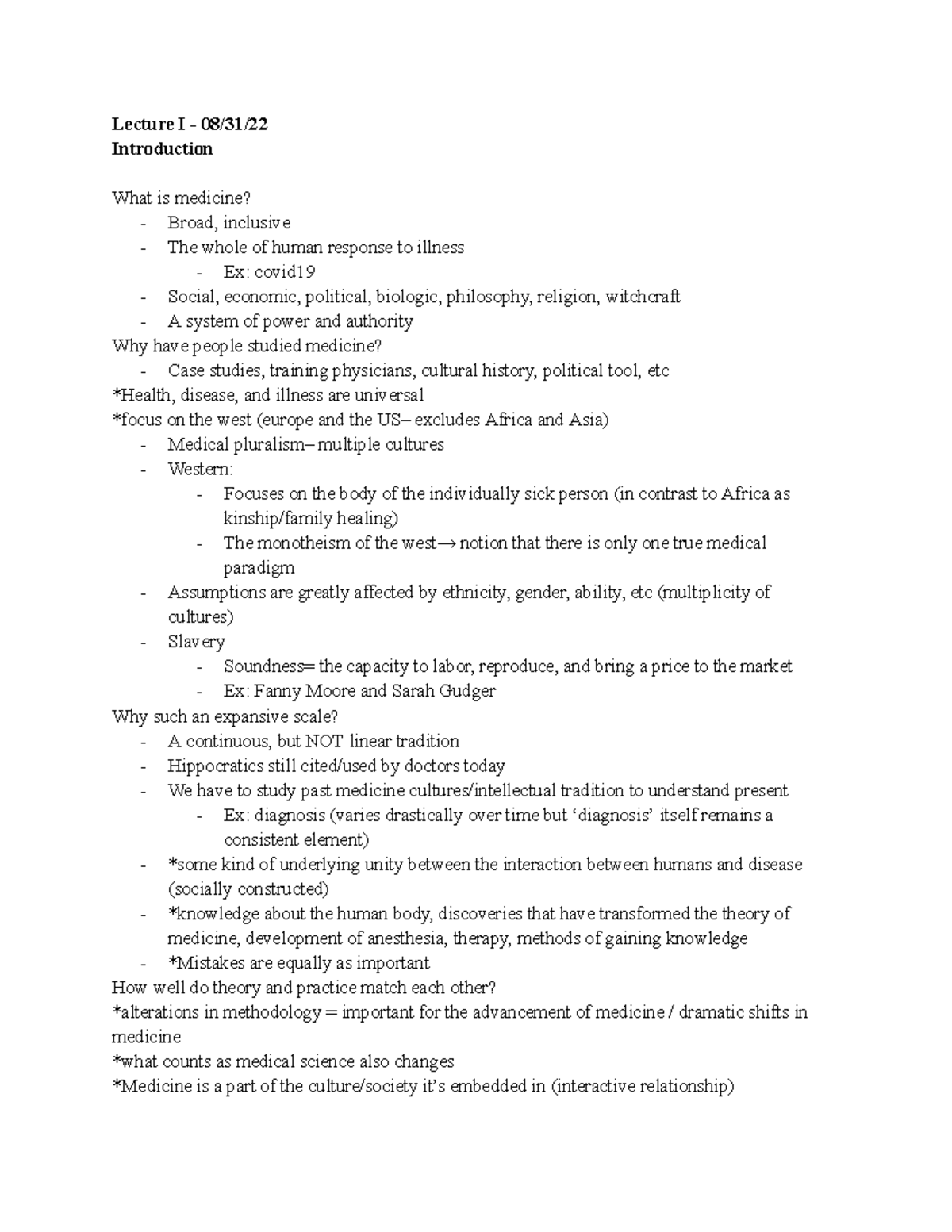 Cultures of Western Medicine Lecture Notes Lecture I 08/31