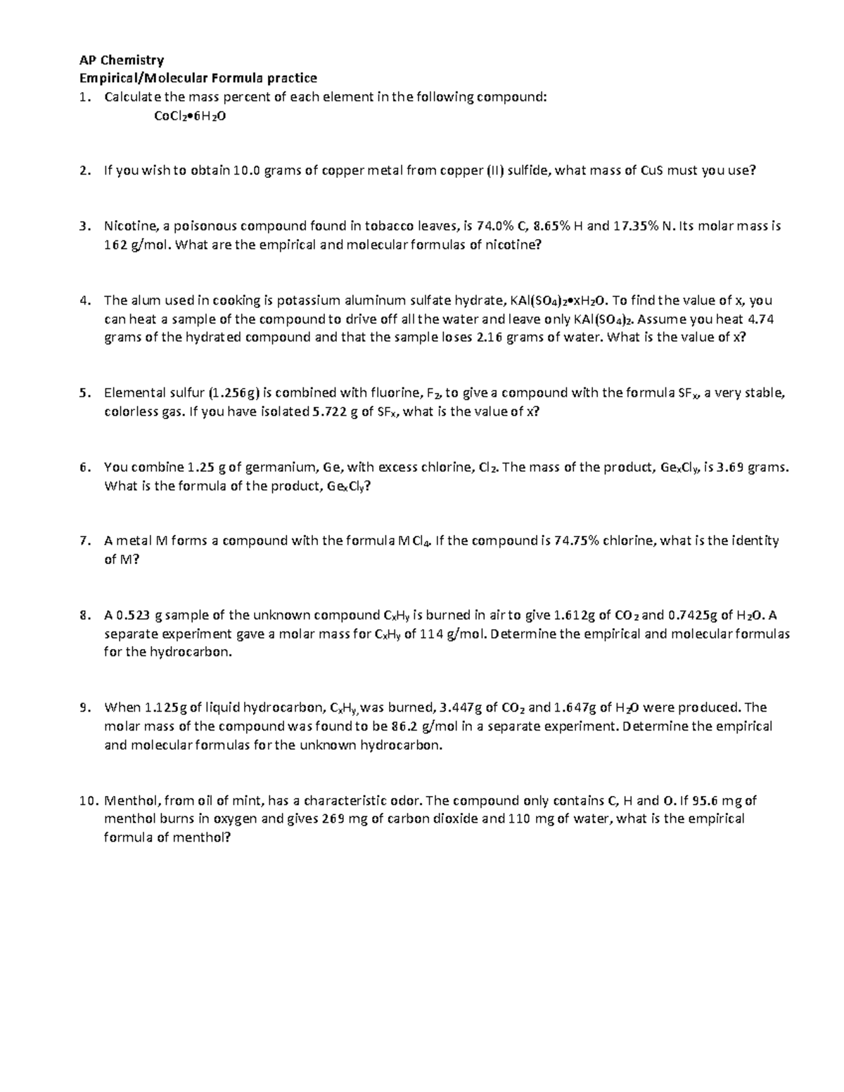 Emp Molec Formula Practice #1-10 - AP Chemistry Empirical/Molecular ...