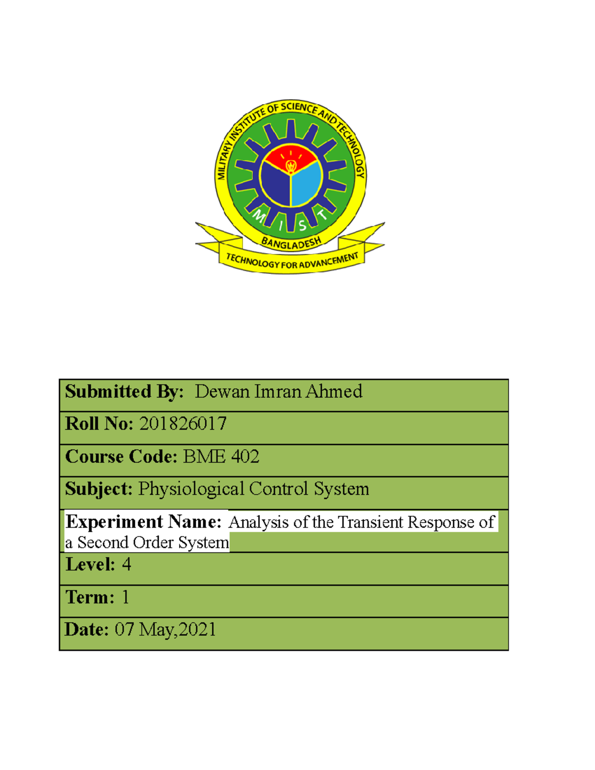 Physiology control system LR-4 - Submitted By: Dewan Imran Ahmed Roll ...