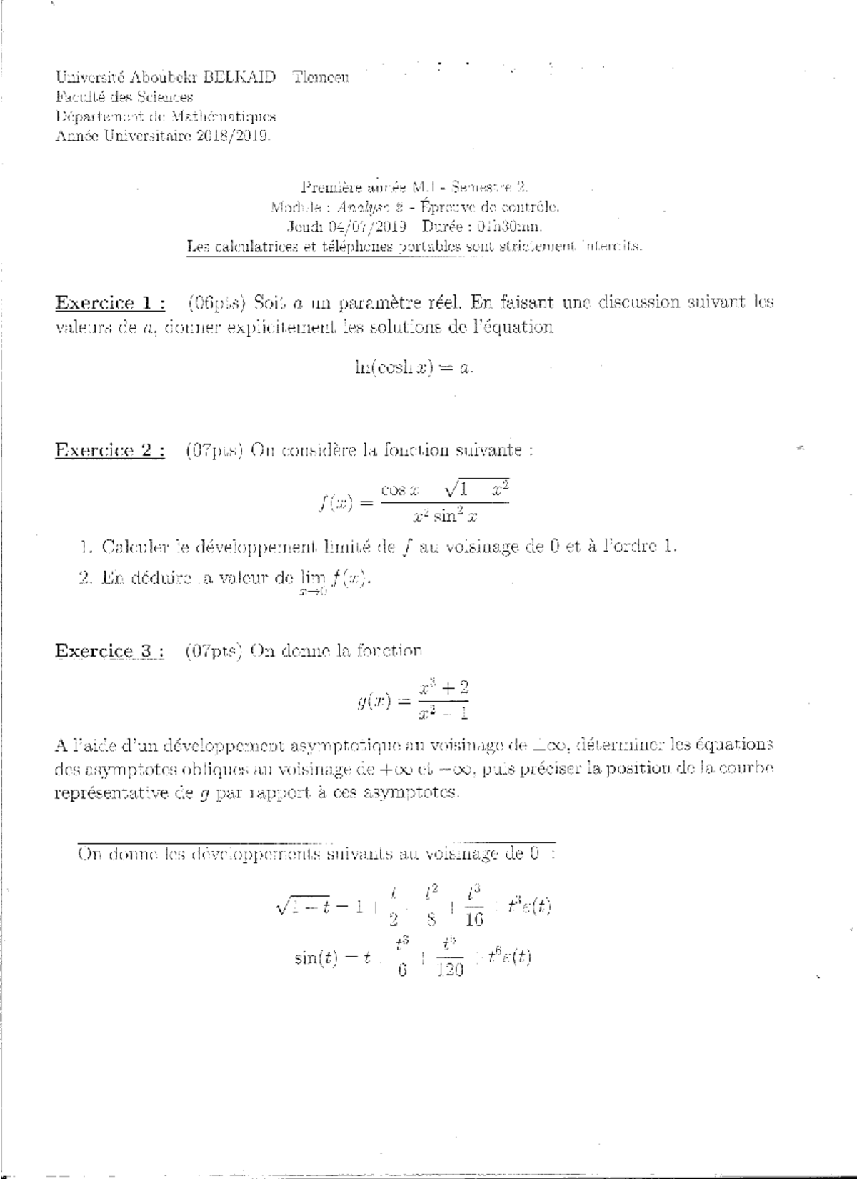 Sujet corrige CC Analyse 2 18-19 - Mathématiques3 - Studocu