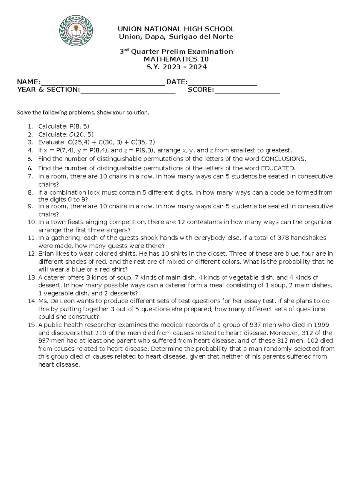 MATH 3RD Prelim EXAM - A test paper in Mathematics - UNION NATIONAL ...