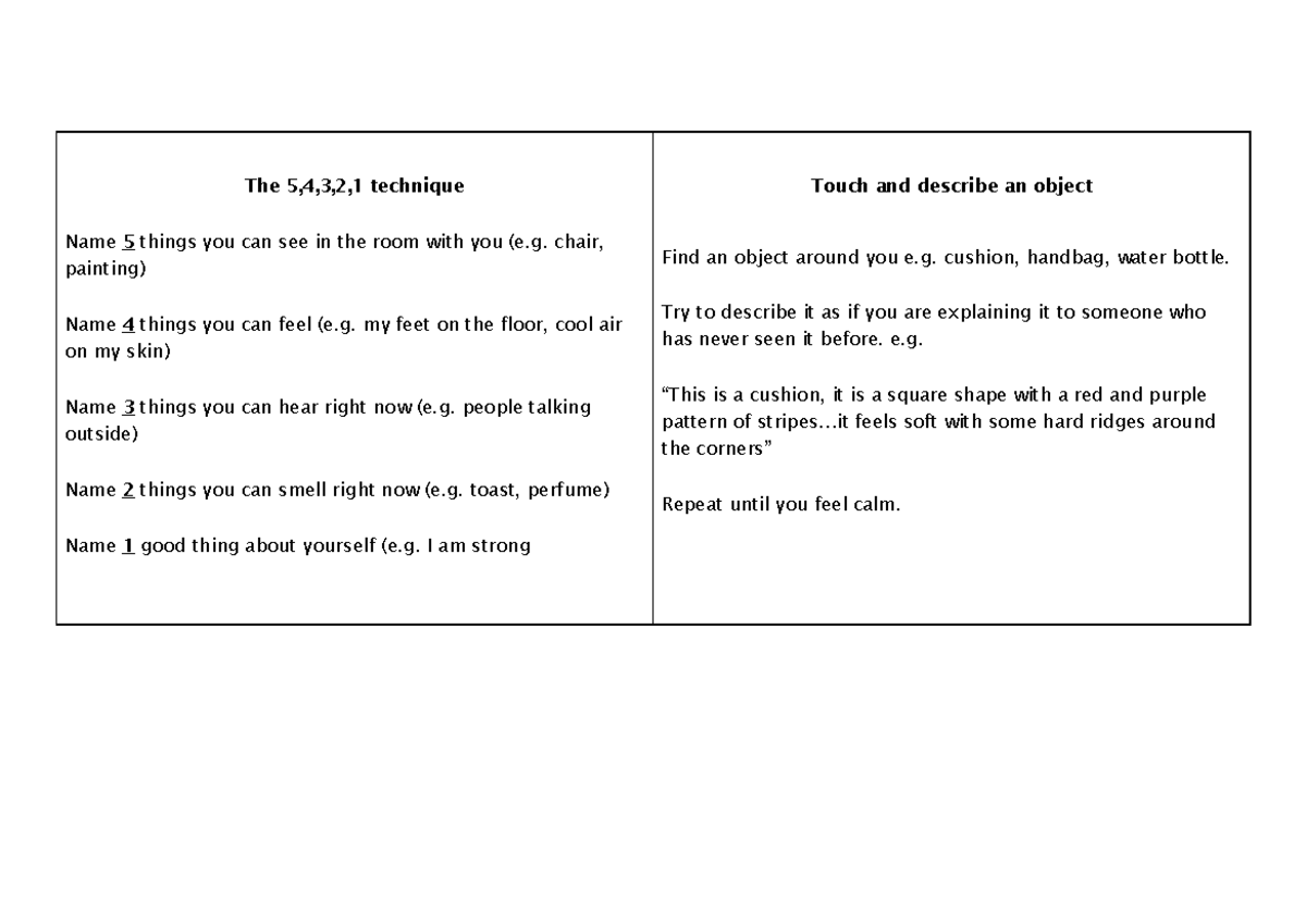 Grounding Cards - The 5,4,3,2,1 technique Name 5 things you can see in the  room with you (e. chair, - Studocu