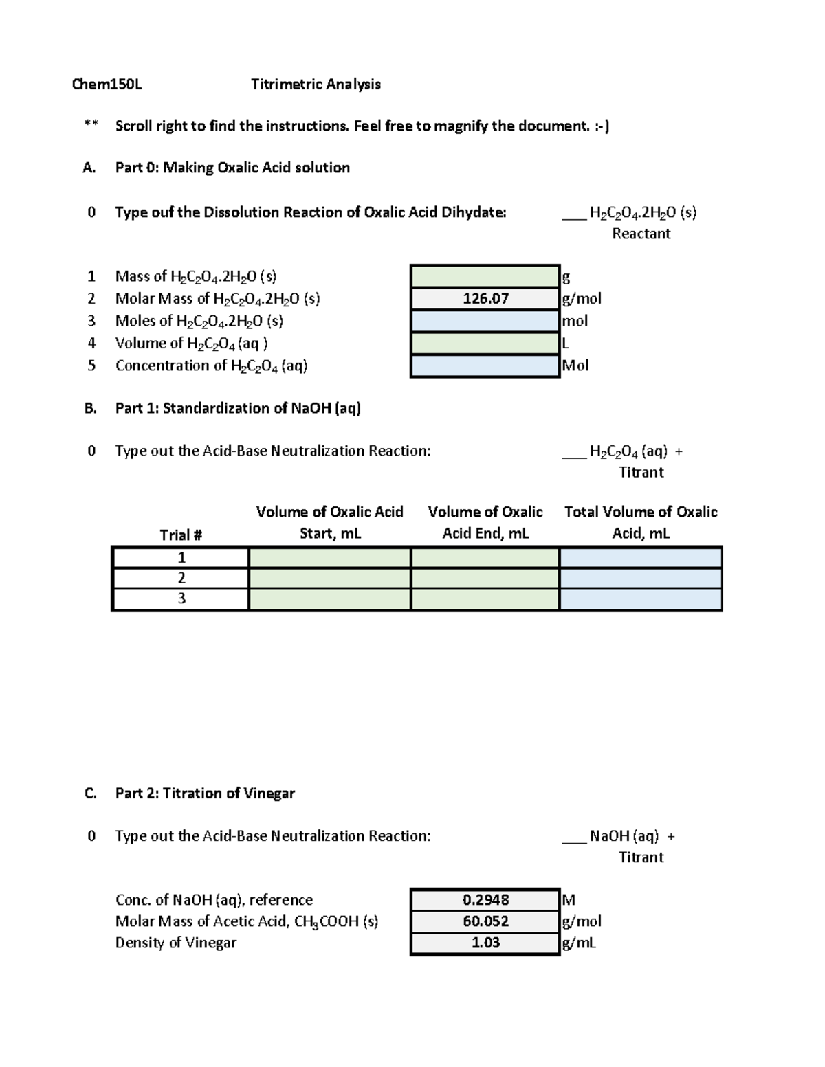 Titrimetric Analysis Feel free to magnify the document. ) A. Part 0