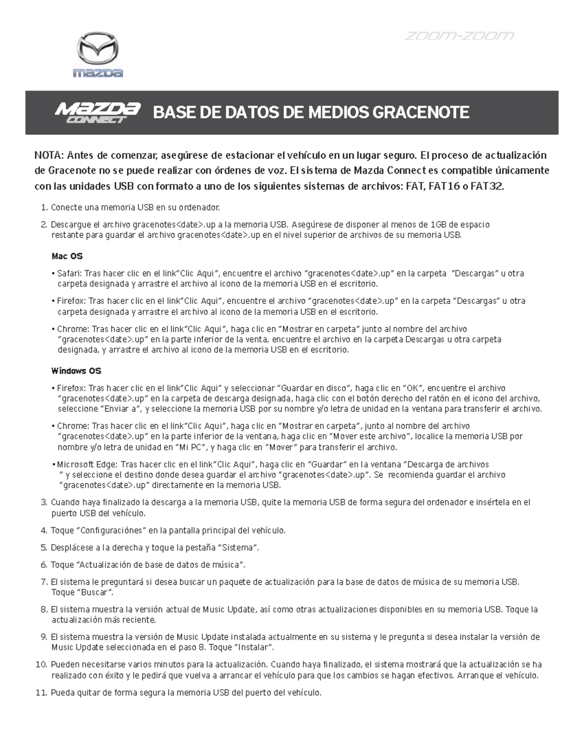 Mazda Gracenote Update Spanish 2022 Conecte una memoria USB en su