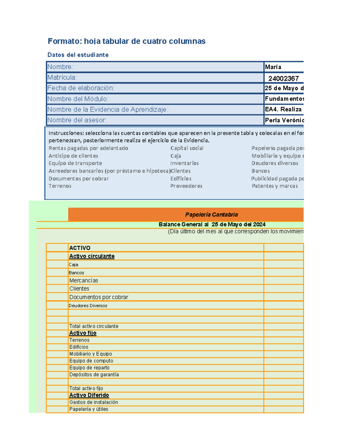Gómez María Balance - Excel - Formato: hoja tabular de cuatro columnas ...