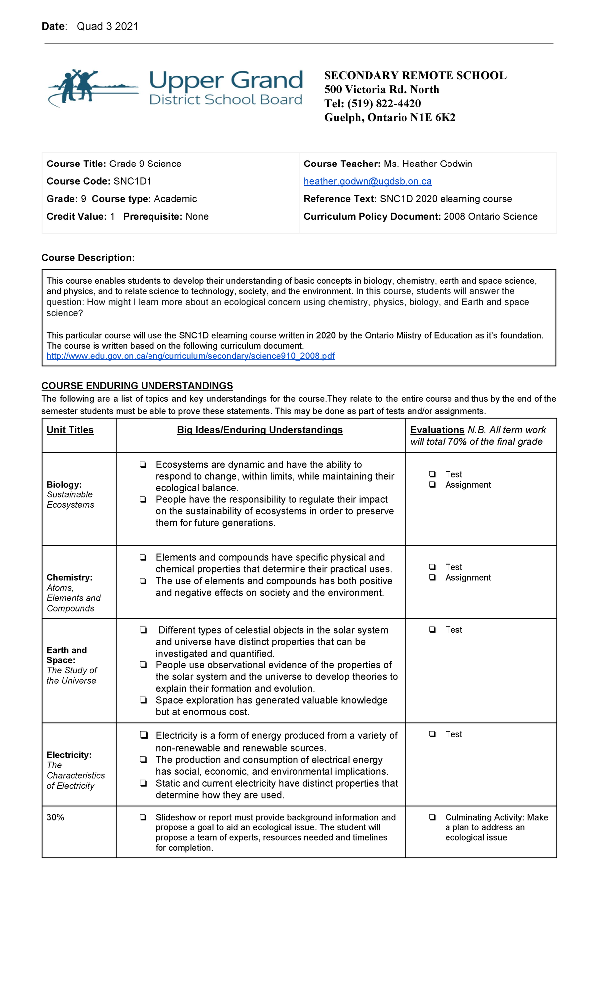 SNC1D course outline _ grade 9 science - Date : Quad 3 2021 SECONDARY ...