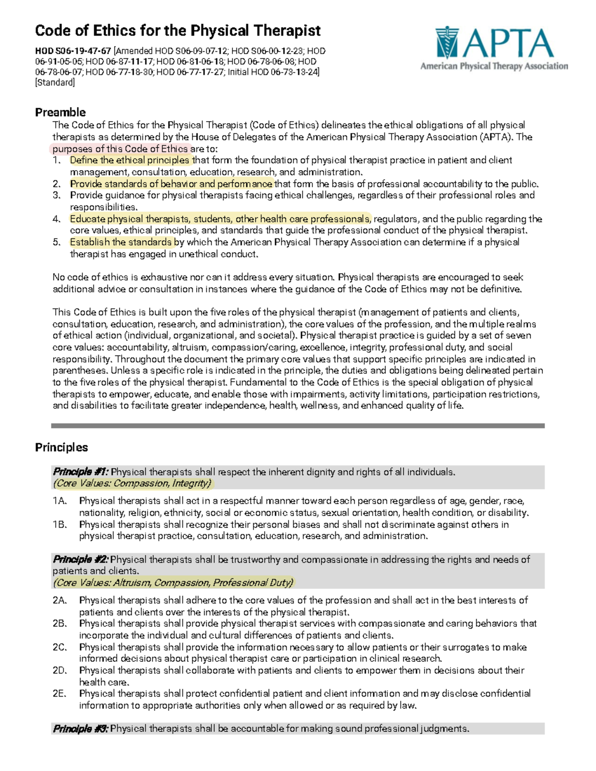 CODE OF Ethics 1 Code of Ethics for the Physical Therapist HOD S06