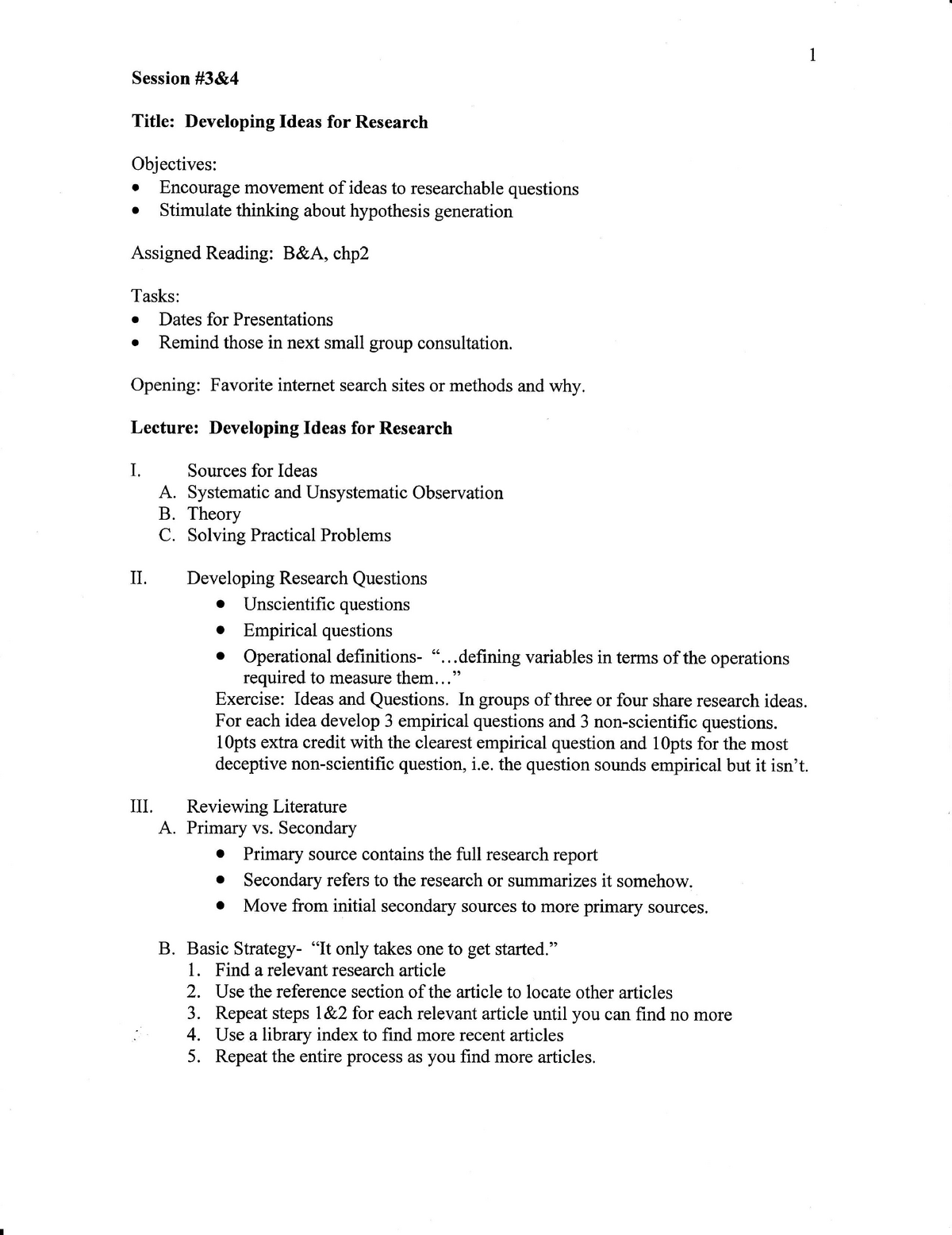 Devel Ideas for Research - Session #3&4 Title: Developing Ideas for ...