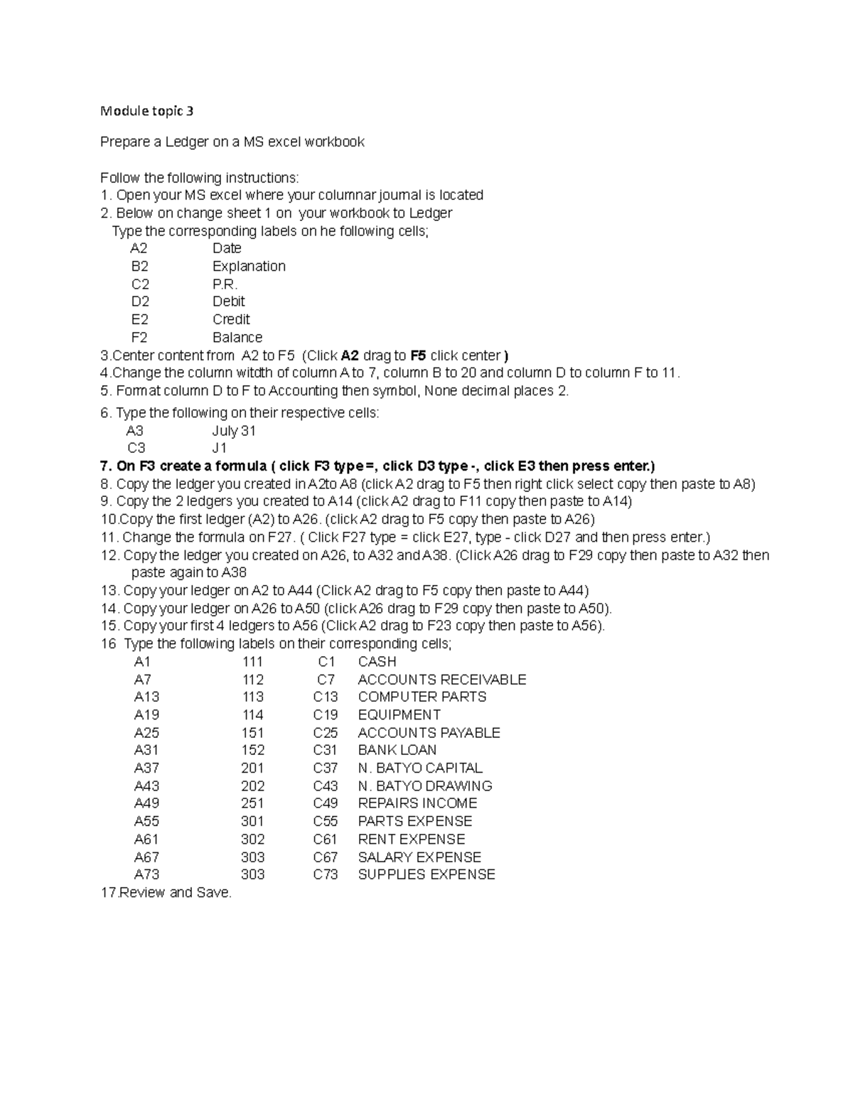 Module topic 3 - D2 Debit E2 Credit F2 Balance 3 content from A2 to F5 ...