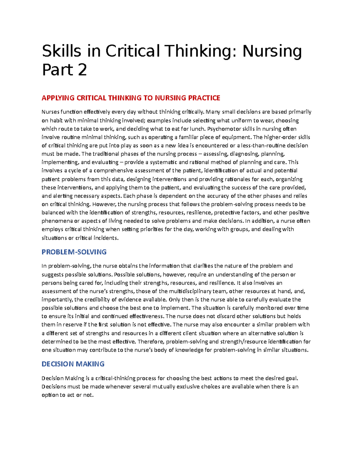 critical thinking skills nursing examples