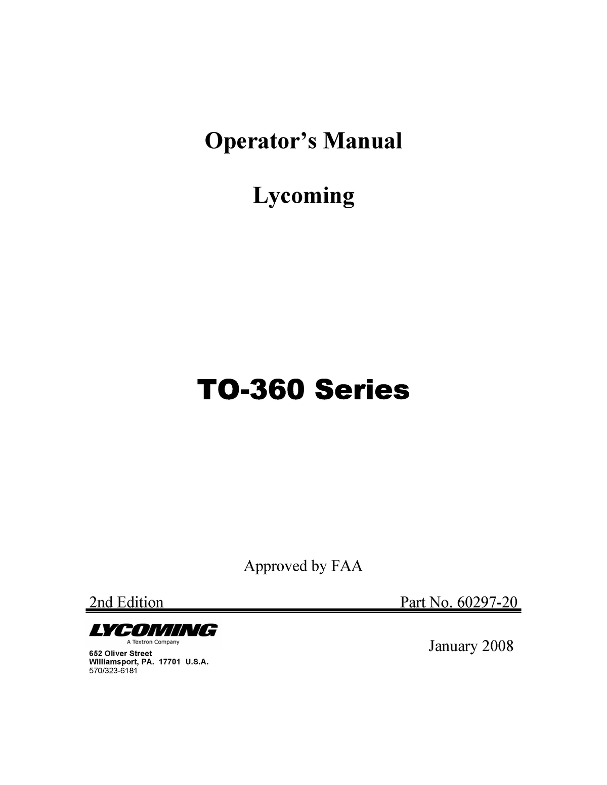 60297-20 - Varios - Operatorís Manual Lycoming TO-360 Series Approved ...