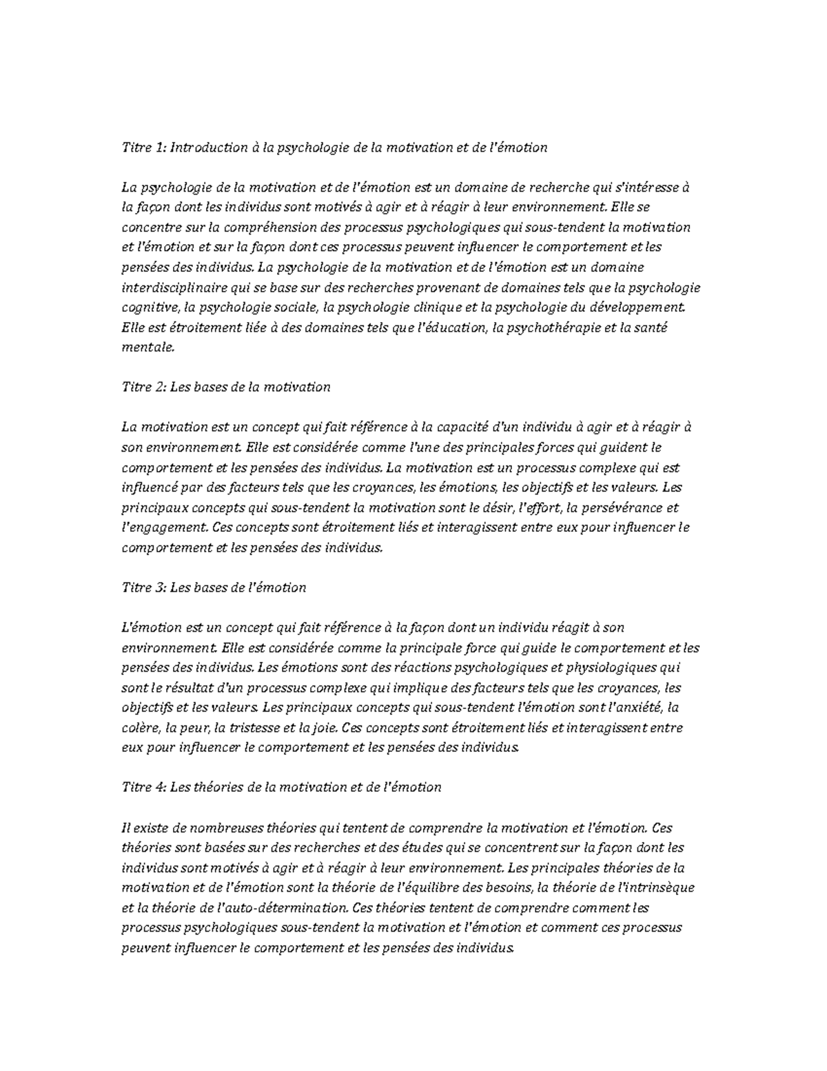 Psychology of Motivation and Emotion Notes de cours - Titre 1 ...