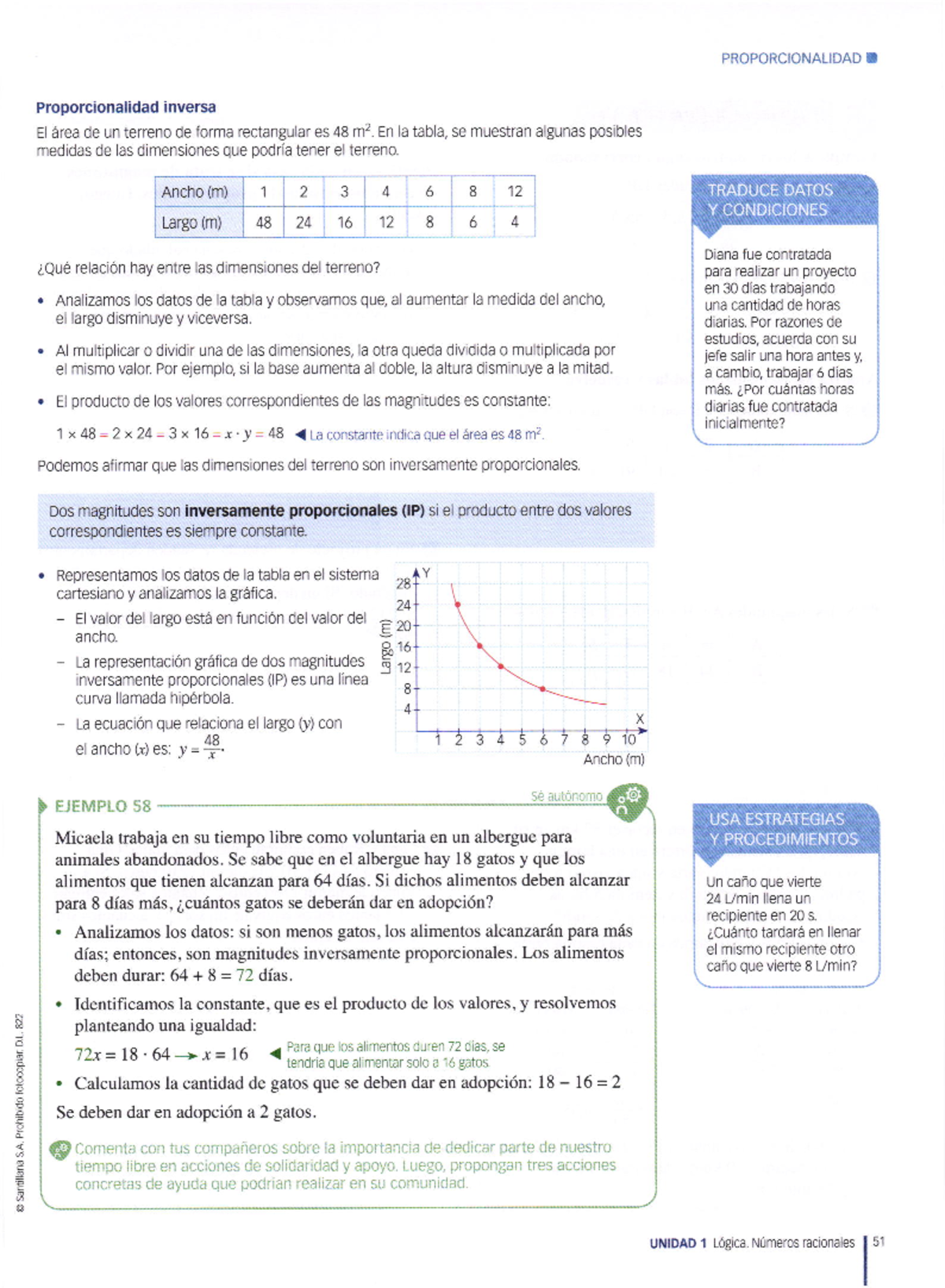 Práctica De Proporcionalidad - Ancho (m) 1 2 3 4 6 8 Largo (m) 48 24 12 ...